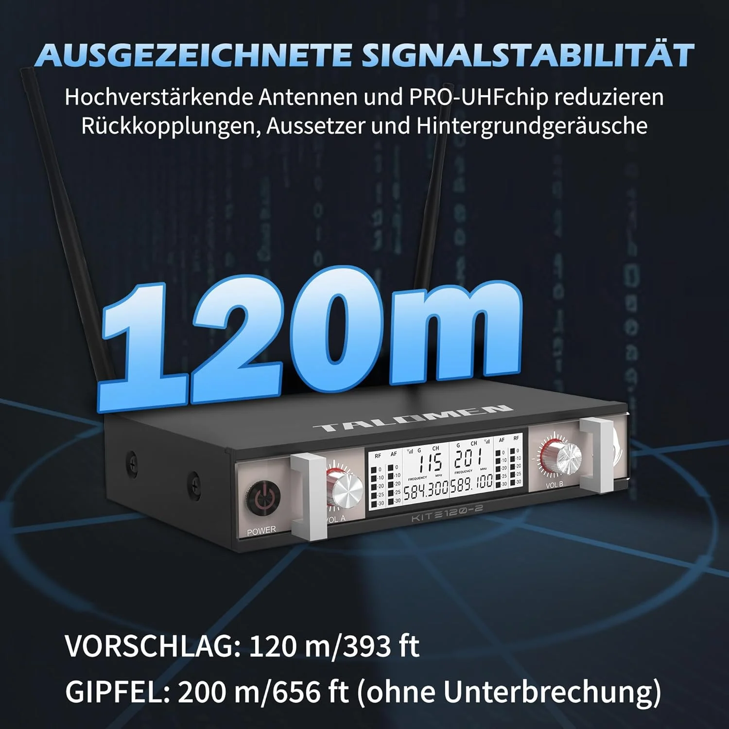 ست میکروفون بی سیم UHF، 2 میکروفون دستی فلزی بی سیم، میکروفون های دینامیک با اسکن خودکار، برد 120 متری، گیرنده دو کاناله، برای آواز، کارائوکه، مهمانی، دی جی، کلیسا – K120 مشکی