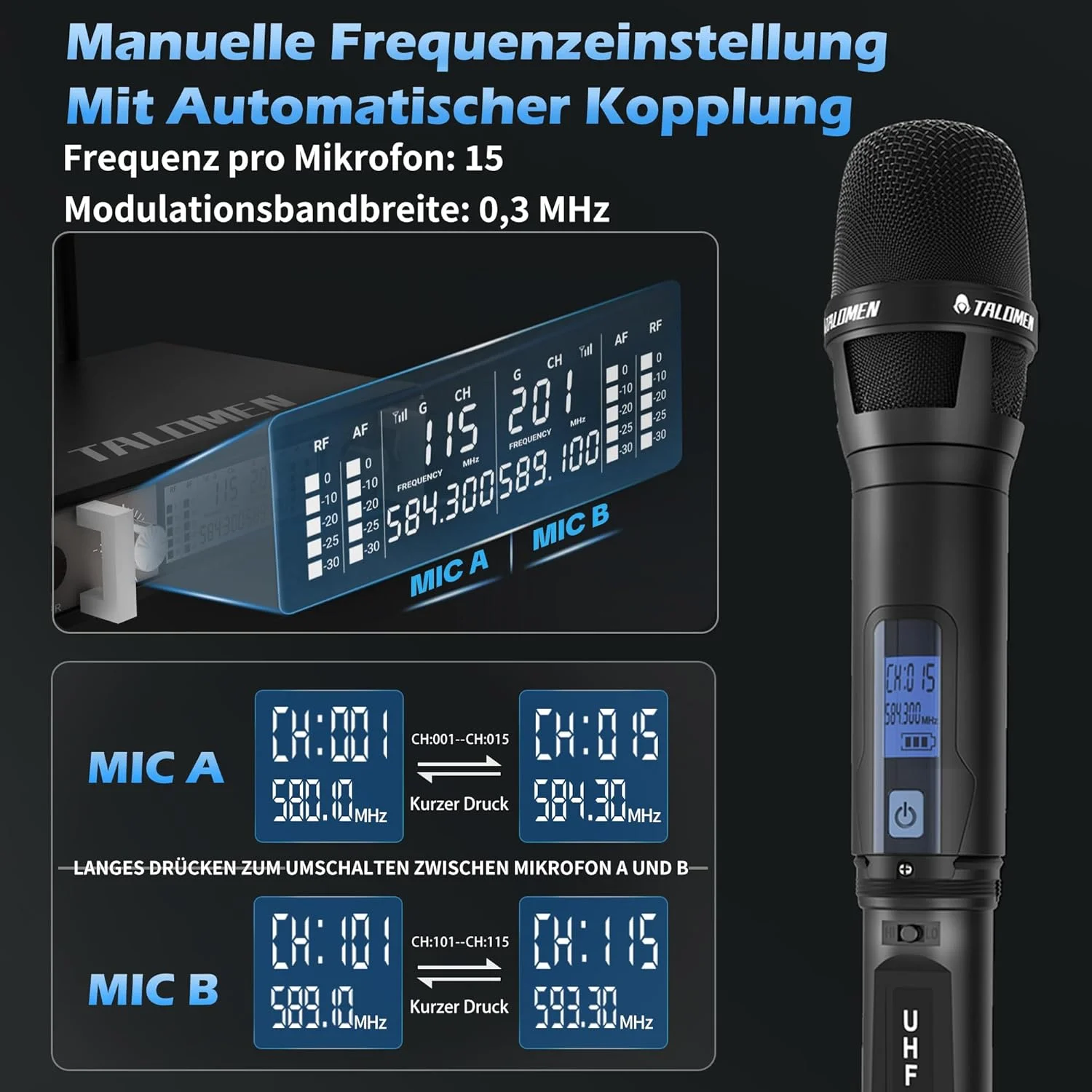 ست میکروفون بی سیم UHF، 2 میکروفون دستی فلزی بی سیم، میکروفون های دینامیک با اسکن خودکار، برد 120 متری، گیرنده دو کاناله، برای آواز، کارائوکه، مهمانی، دی جی، کلیسا – K120 مشکی