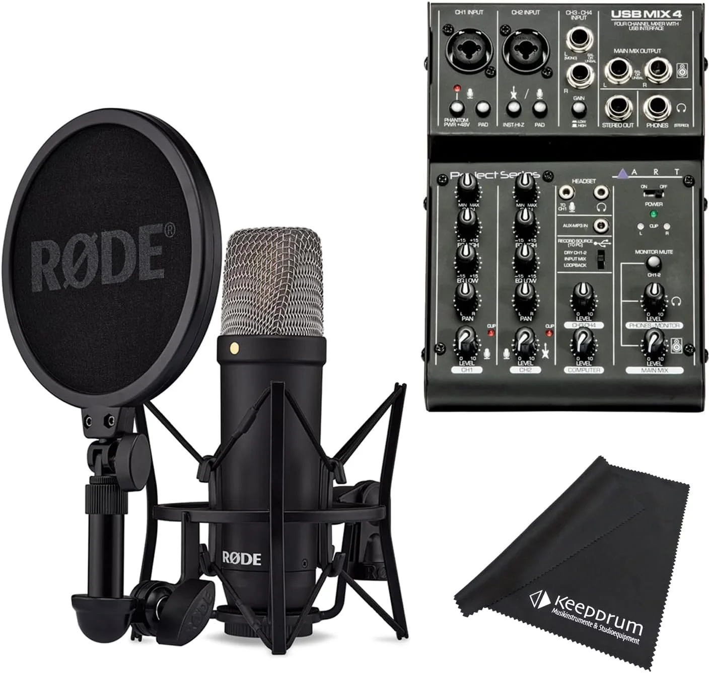 میکروفون کاندنسر مشکی Rode NT1 Signature + میکسر Art USBMix4 + دستمال میکروفایبر keepdrum میکروفون کاندنسر مشکی Rode NT1 Signature + میکسر Art USBMix4 + دستمال میکروفایبر keepdrum