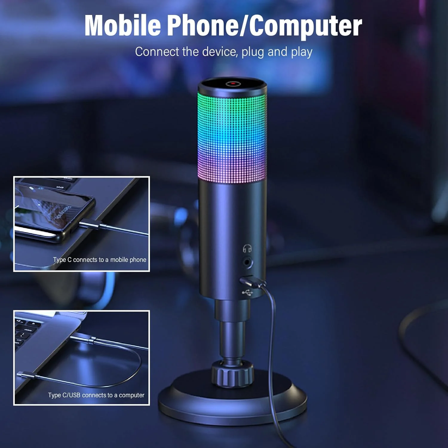 میکروفون USB RGB برای کامپیوتر و تلفن، میکروفون کاندنسر کاردیوئید با کاهش نویز، 11 حالت نور، اتصال آسان برای استریم و بازی میکروفون USB RGB برای کامپیوتر و تلفن، میکروفون کاندنسر کاردیوئید با کاهش نویز، 11 حالت نور، اتصال آسان برای استریم و بازی