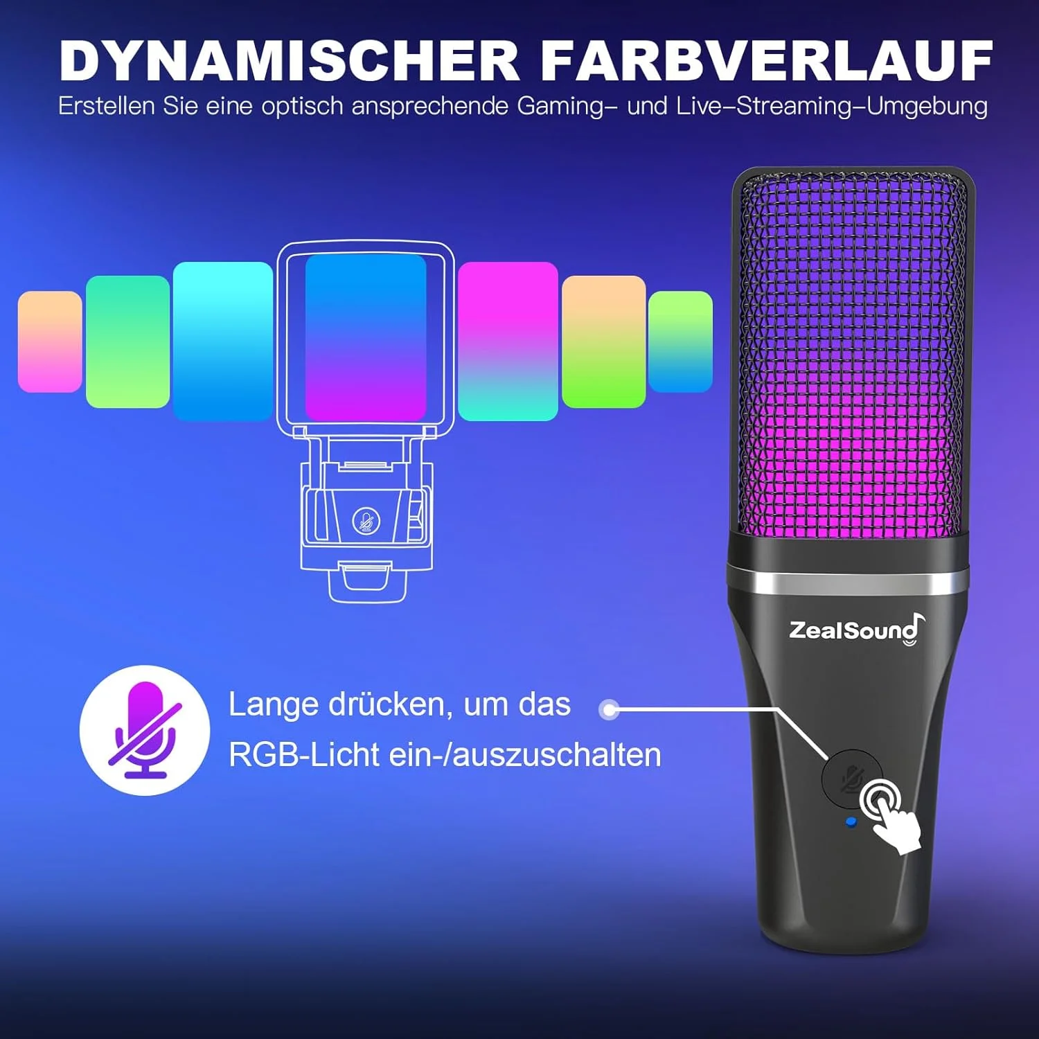 میکروفون USB گیمینگ Zealsound PC، برای استریم پادکست استودیو، برای PS4 PS5 Mac موبایل، با آداپتور Type-C، کنترل RGB، دکمه قطع صدا، سه پایه، پاپ فیلتر و لرزه گیر، خروجی هدفون