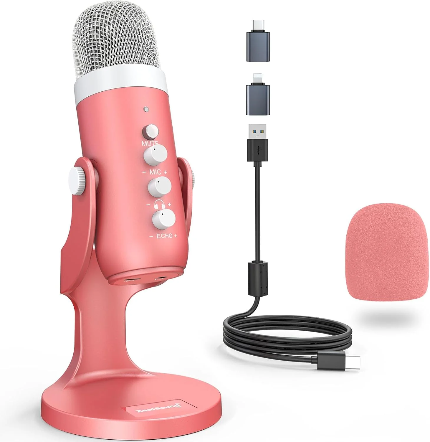 میکروفون USB زیل‌ساند مدل K66، میکروفون گیمینگ برای گوشی آیفون، کامپیوتر، PS4 و PS5، با دکمه قطع صدا، حالت حذف نویز، جک اکو/مانیتور، برای ضبط، استریمینگ، پادکست، تیک‌تاک، یوتیوب، توییچ - صورتی