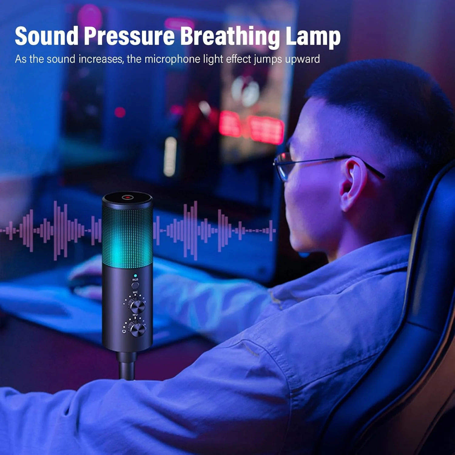 میکروفون USB RGB برای کامپیوتر و تلفن، میکروفون کاندنسر کاردیوئید با کاهش نویز، 11 حالت نور، اتصال آسان برای استریم و بازی میکروفون USB RGB برای کامپیوتر و تلفن، میکروفون کاندنسر کاردیوئید با کاهش نویز، 11 حالت نور، اتصال آسان برای استریم و بازی