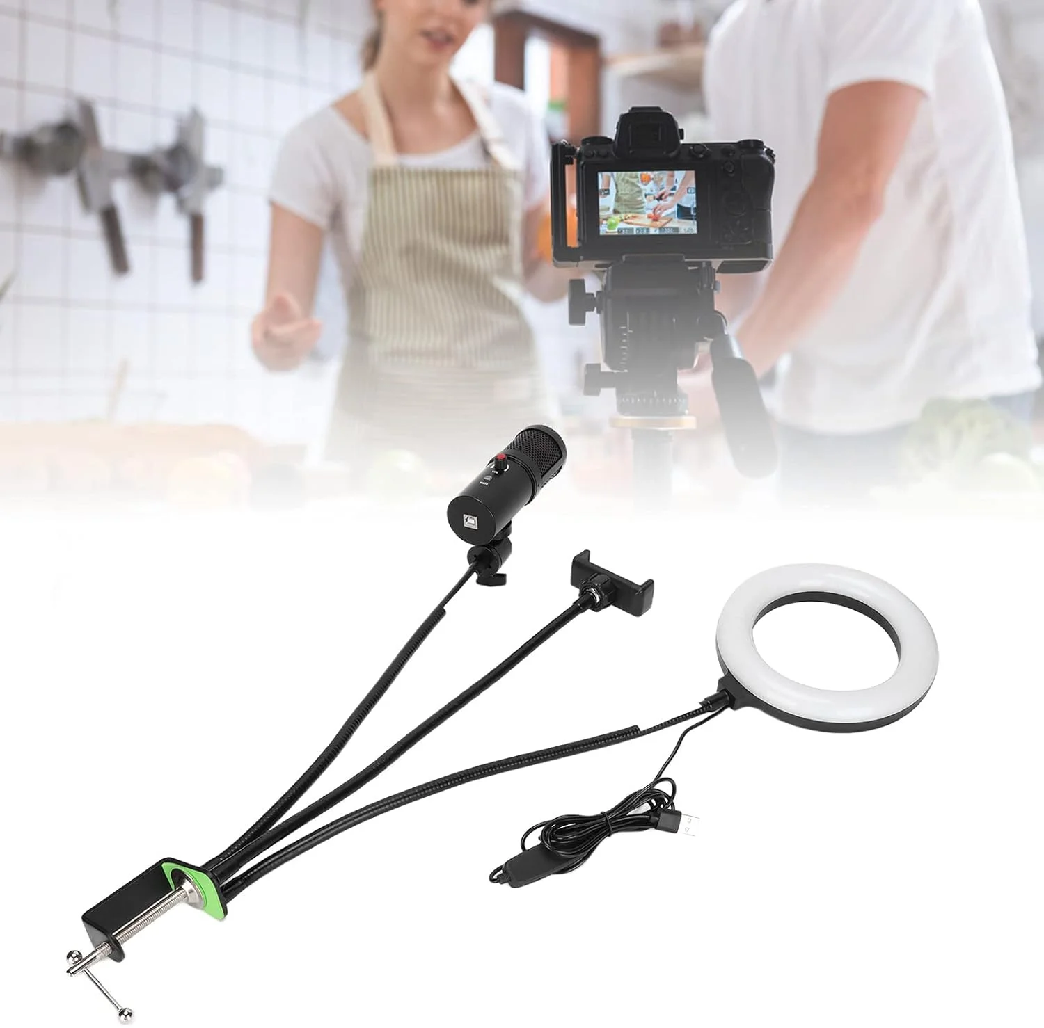 میکروفون USB RGB Yunseity با قابلیت قطع صدا، کیت میکروفون کاندنسر کاردیوئید پادکست با (A6S با پایه رومیزی خرطومی با نور پرکننده)