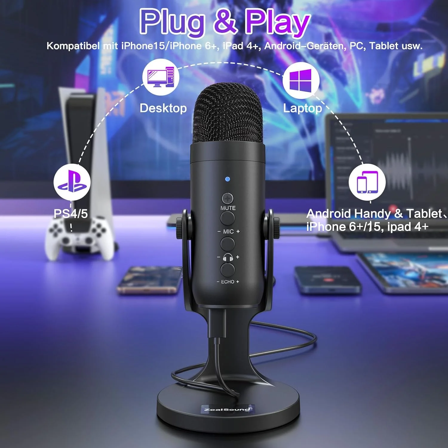 میکروفون USB ZealSound برای PC مک آیفون اندروید PS5 - حذف نویز و قطع صدا، میکروفون کاندنسر Plug & Play برای استریم بازی پادکست ASMR یوتیوبر تیک تاک - شامل آداپتور USB-C و لایتنینگ، K66