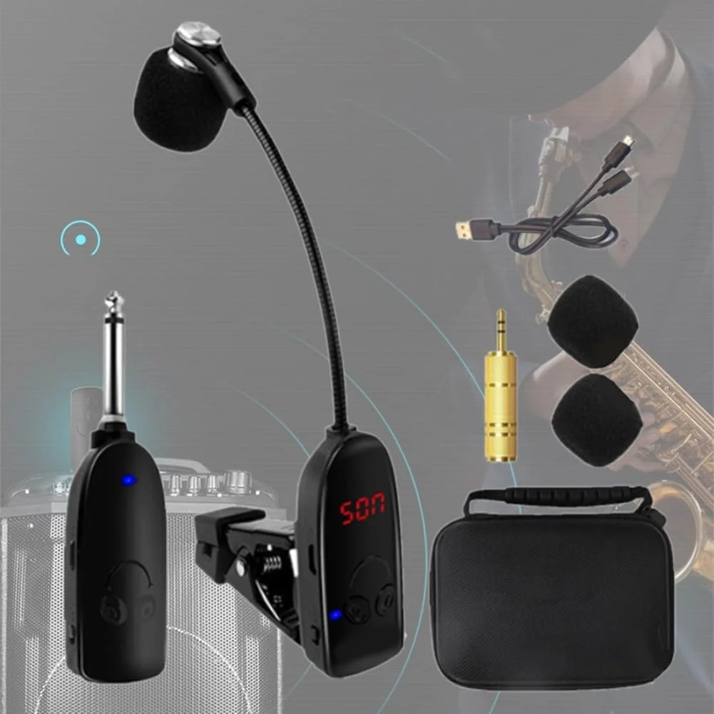 سیستم میکروفون بی‌سیم UHF برای سازهای موسیقی، میکروفون بی‌سیم خاص، هد کندانسور صوتی 9x8x3 سانتی‌متری برای ساکسیفون، ترومپت، ساکسیفون