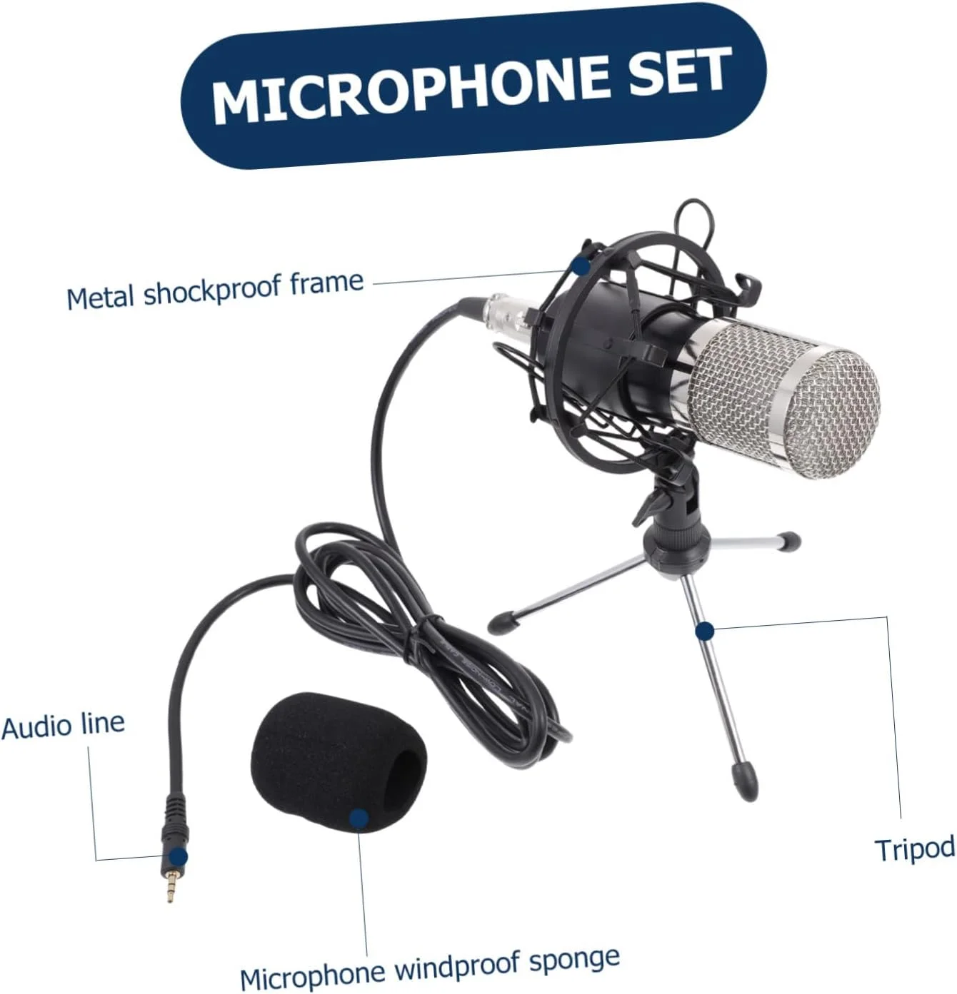 میکروفون خازنی فانتوم پاور، میکروفون چت سیمی برای کنفرانس ها و ضبط صدا، میکروفون سیمی بادوام مشکی با سر توری نقره ای، صدای حرفه ای