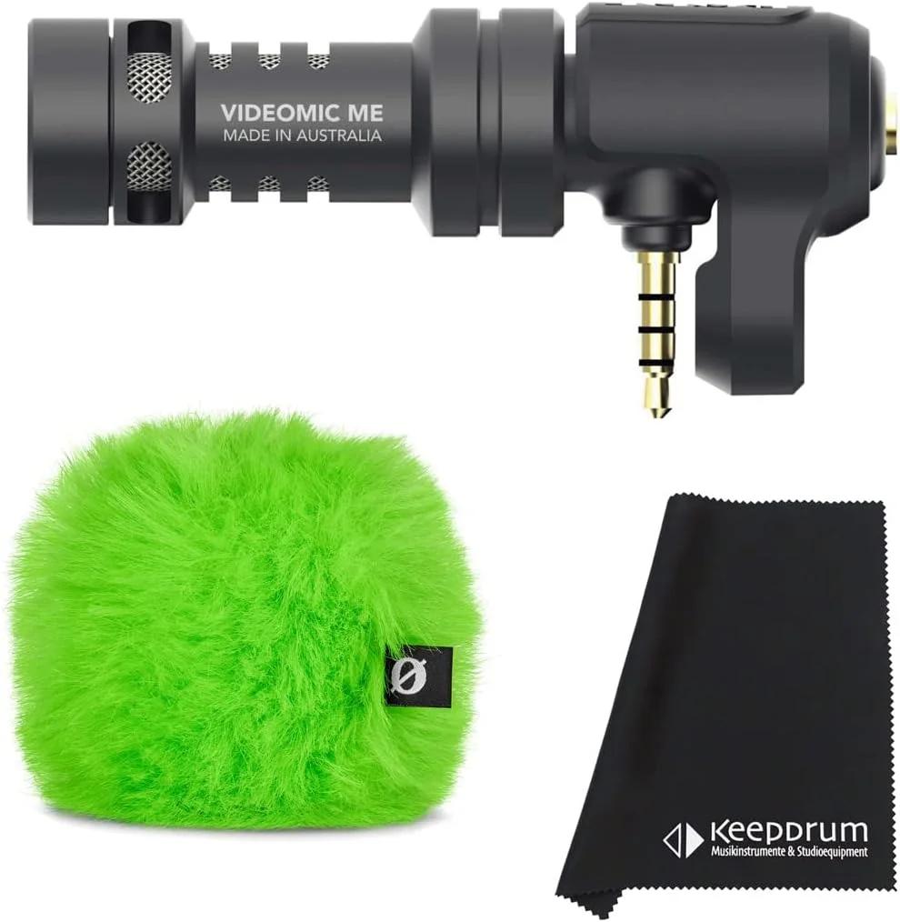میکروفون خازنی کاردیوئید Rode Videomic Me برای دستگاه های موبایل + محافظ باد خزدار WS9 Deluxe سبز + دستمال میکروفایبر keepdrum