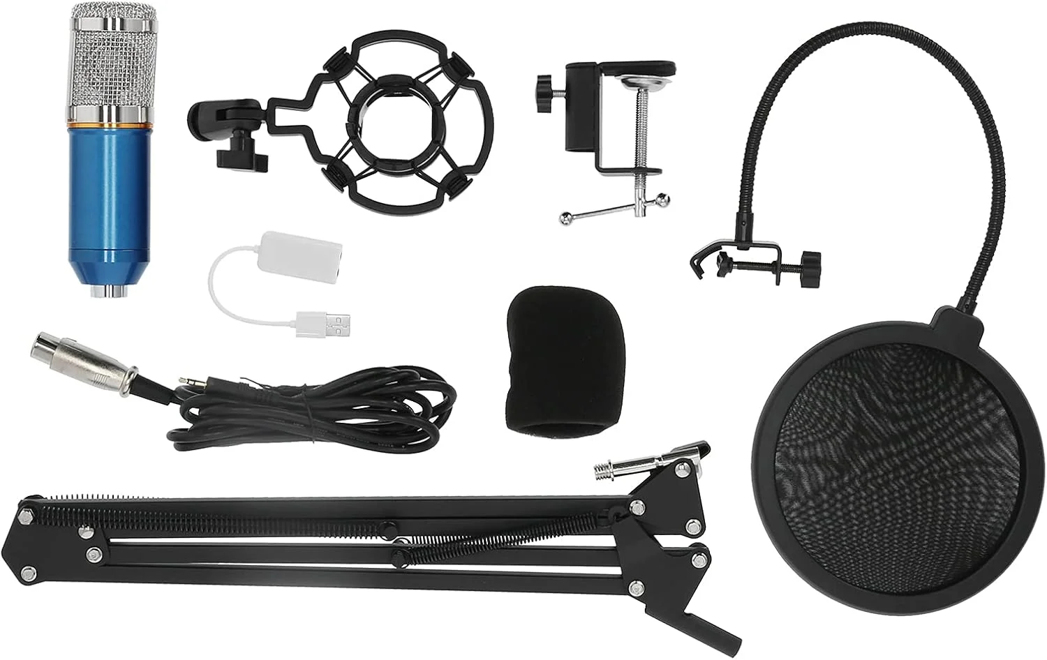 کیت میکروفون کاندنسر حرفه ای BM800 مدل RiToEasysports با بازوی انعطاف پذیر برای ضبط استودیویی (آبی + نقره ای)