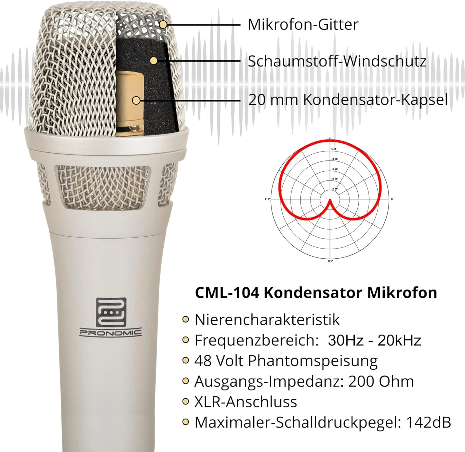 میکروفون خازنی پرونومیک CML-104 برای ضبط دقیق صدا - میکروفون دستی با محافظ باد - میکروفون آواز با الگوی قطبی کاردیوئید - میکروفون استودیویی برای استیج - شامل گیره و کیف