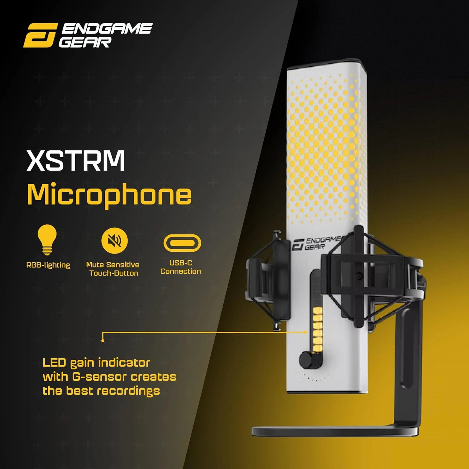 میکروفون USB مدل XSTRM ENDGAME GEAR برای استریمینگ، پادکست، ضبط با کیفیت استودیویی، 24 بیت / 192 کیلوهرتز، میکروفون خارجی، حذف نویز هوش مصنوعی، قطع صدا با لمس، PC و Mac - سفید