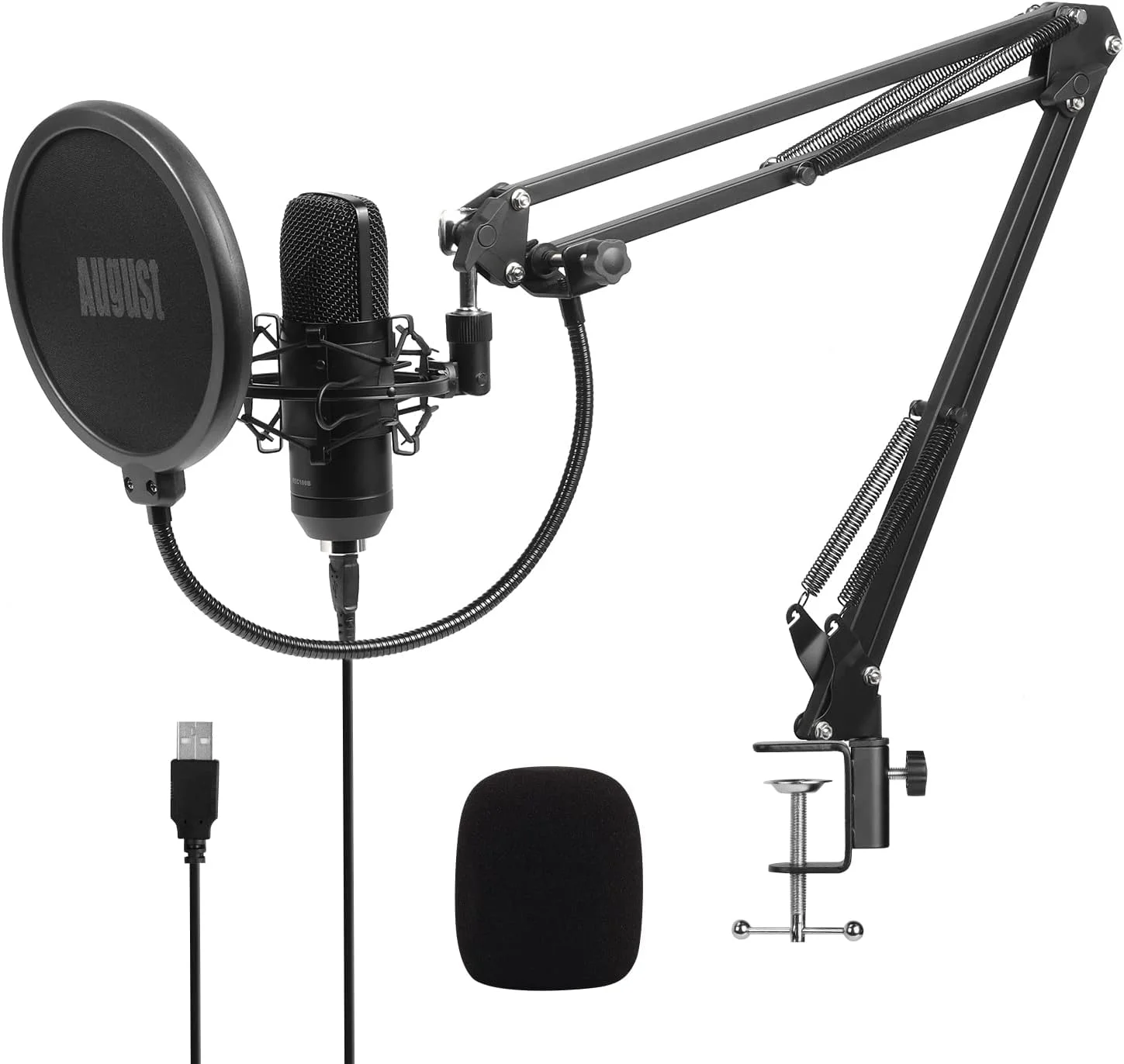 میکروفون USB خازنی آگوست REC100 با بازوی چرخشی، لرزه گیر، پاپ فیلتر، الگوی قطبی کاردیوئید، میکروفون استودیویی خازنی PC برای بازی، پادکست، تیک تاک و یوتیوب