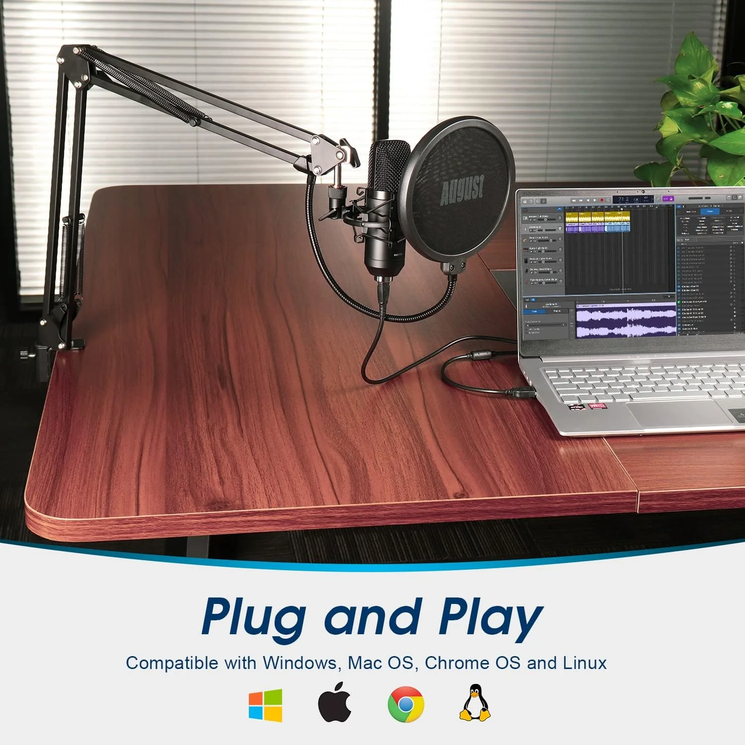 میکروفون USB خازنی آگوست REC100 با بازوی چرخشی، لرزه گیر، پاپ فیلتر، الگوی قطبی کاردیوئید، میکروفون استودیویی خازنی PC برای بازی، پادکست، تیک تاک و یوتیوب