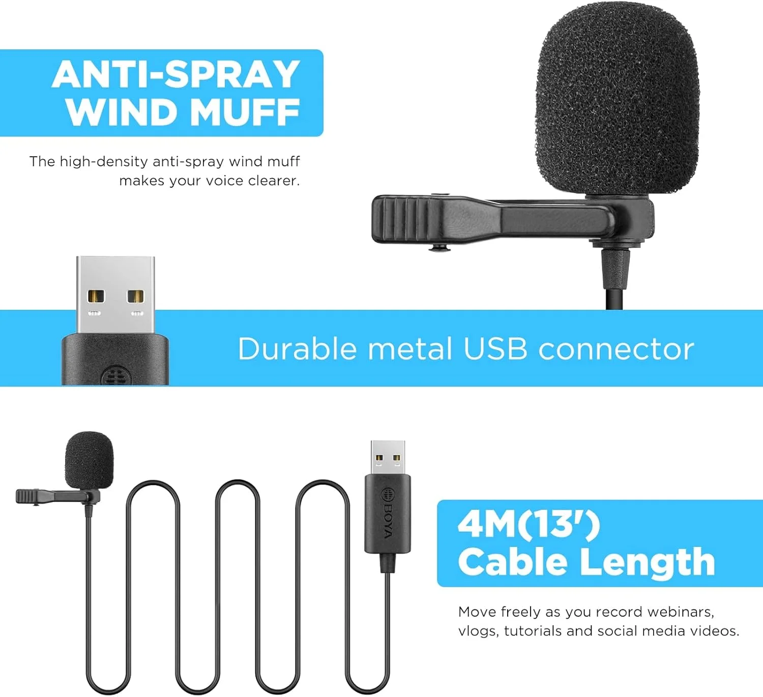 میکروفون یقه ای USB بویا BY-LM40، همه جهته، کندانسور، میکروفون گیره ای برای لپ تاپ، کامپیوتر، مک بوک، مناسب برای ضبط ویدیو، مصاحبه، اسکایپ