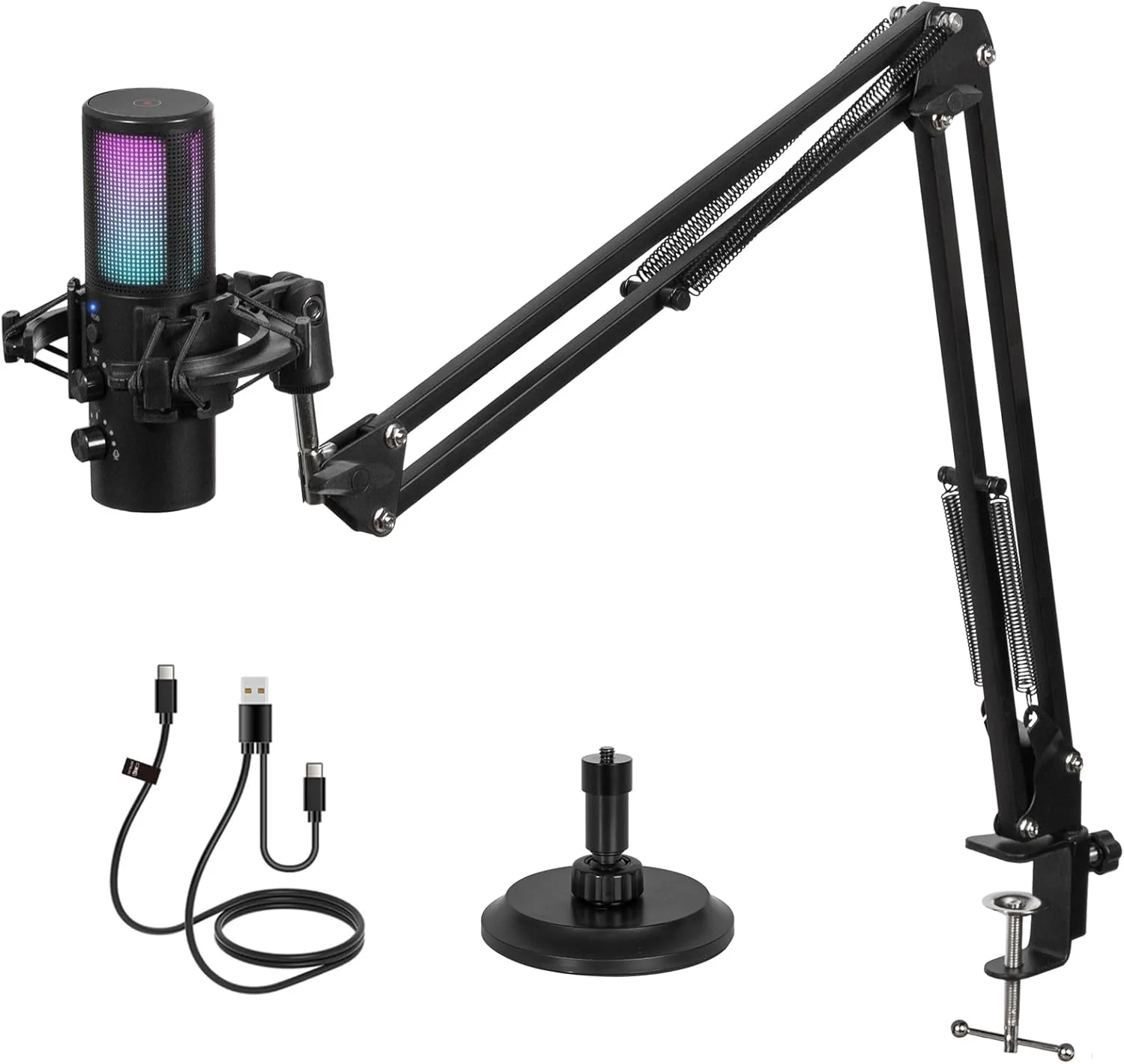 میکروفون USB گیمینگ Todeco با نور RGB قابل کنترل، میکروفون کندانسور حذف نویز با بازوی بوم و پایه میکروفون، قطع صدای تک کلیکی، برای استریمینگ، پادکست، PC، MAC، PS4/5