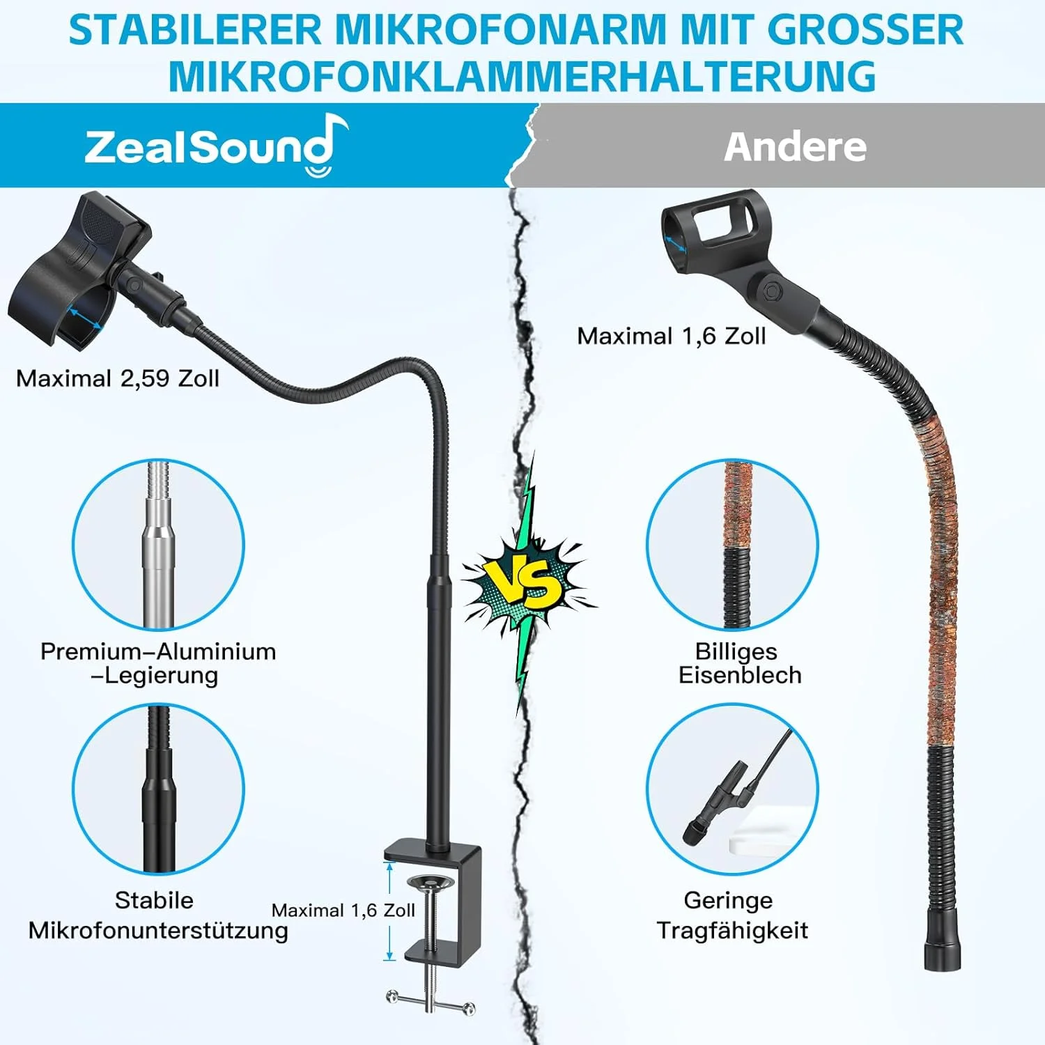 بازوی میکروفون ZealSound، بازوی پایه میکروفون گردن غازی جمع و جور 19 اینچی، با آداپتور پیچی فلزی 3/8 اینچ به 5/8 اینچ، سازگار با Snowball، Razer Seiren Mini