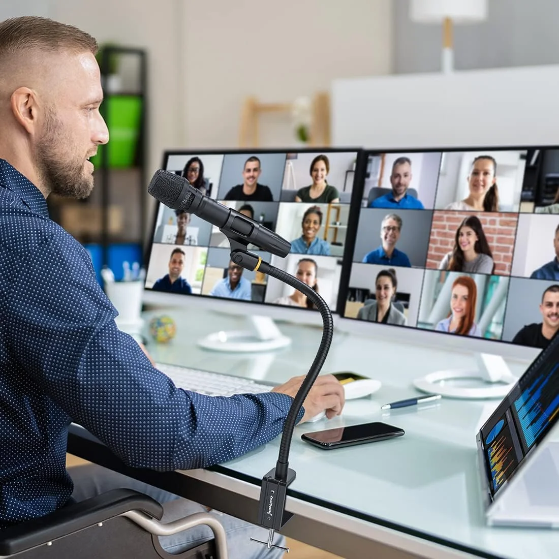 بازوی میکروفون ZealSound، پایه میکروفون گردن غازی انعطاف پذیر، بازوی میکروفون جمع و جور، صرفه جویی در فضا روی میز، با آداپتور 3/8 اینچ به 5/8 اینچ، گیره میکروفون، برای Snowball iCE، Spark، SoloCast، 19 اینچ