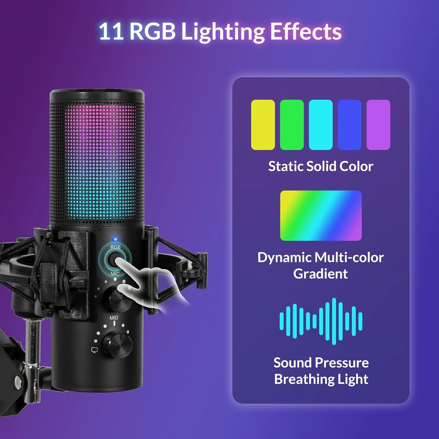 میکروفون USB گیمینگ Todeco با نور RGB قابل کنترل، میکروفون کندانسور حذف نویز با بازوی بوم و پایه میکروفون، قطع صدای تک کلیکی، برای استریمینگ، پادکست، PC، MAC، PS4/5
