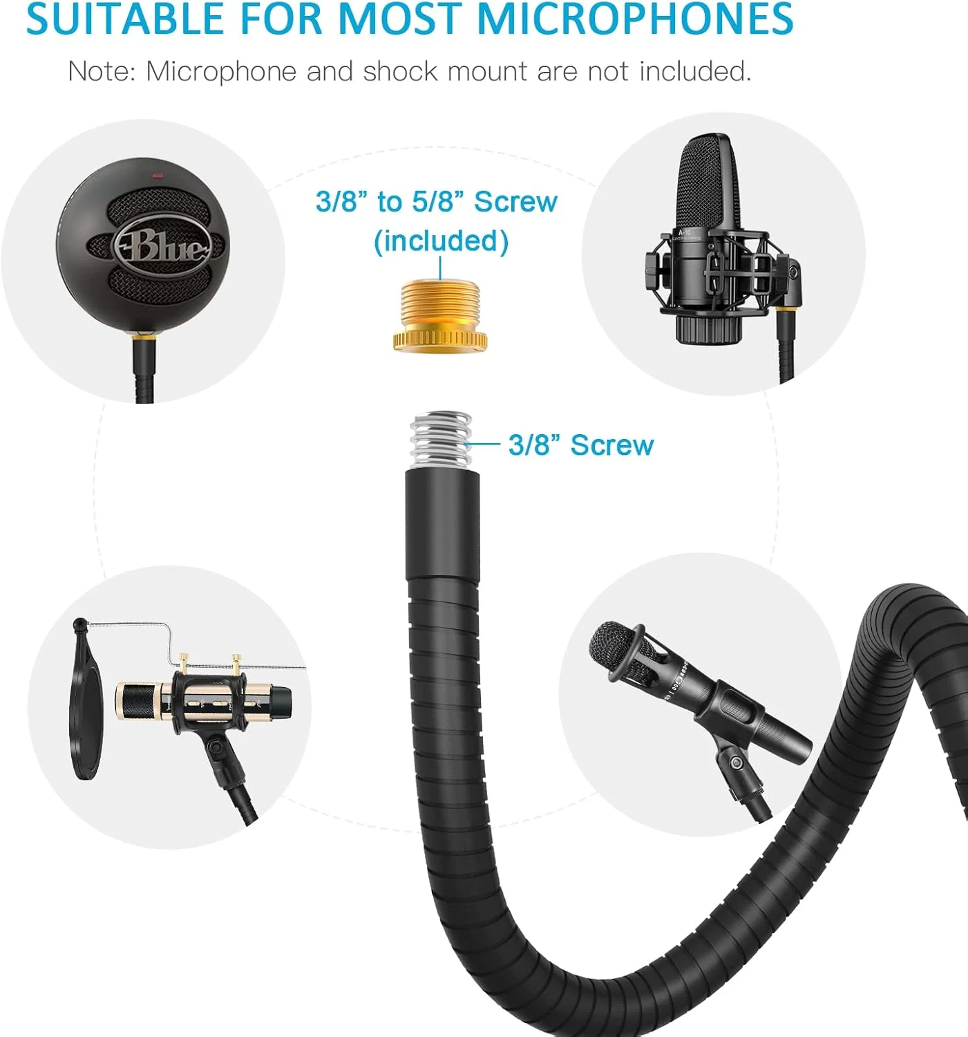 پایه بازوی میکروفون گردن غازی Zealsound، بازوی میکروفون قابل تنظیم گردن غازی با گیره میکروفون، آداپتور 3/8 اینچ به 5/8 اینچ، گیره رومیزی سنگین بهبود یافته، برای Blue Snowball, Ice, Spark, SoloCast، 13 اینچ