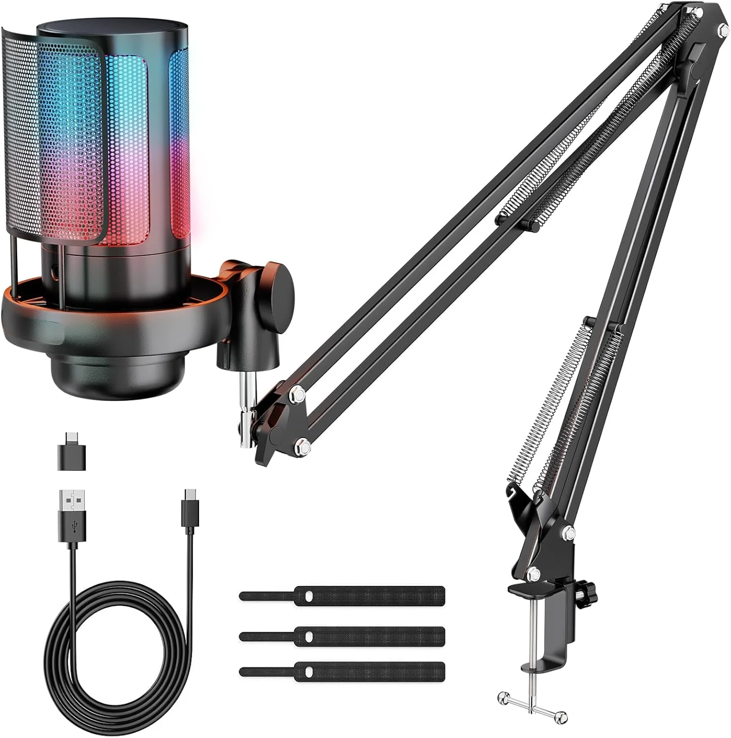 میکروفون گیمینگ USB، میکروفون کاندنسر Plug&Play برای استریم بازی، پادکست، کنفرانس ویدیویی با آداپتور USB-C و کابل داده 1.5 متری برای PC/لپ تاپ، PS4/PS5، IOS/ویندوز/اندروید