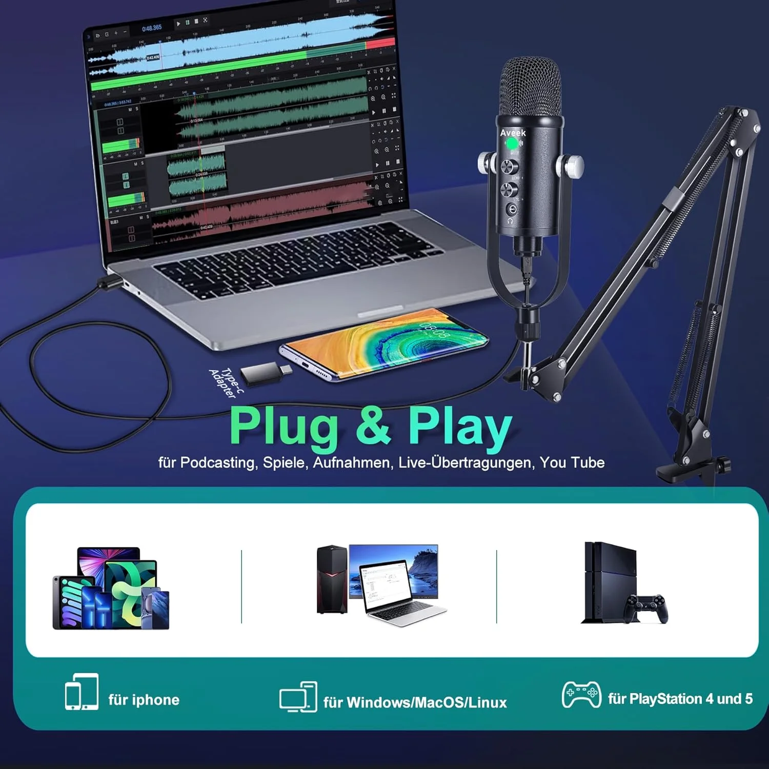 میکروفون کاندنسر USB Aveek با بازویی، میکروفون استریمینگ با پاپ فیلتر، میکروفون گیمینگ با مانیتورینگ هدفون برای پادکست، ضبط، استودیو، یوتیوب میکروفون کاندنسر USB Aveek با بازویی، میکروفون استریمینگ با پاپ فیلتر، میکروفون گیمینگ با مانیتورینگ هدفون برای پادکست، ضبط، استودیو، یوتیوب