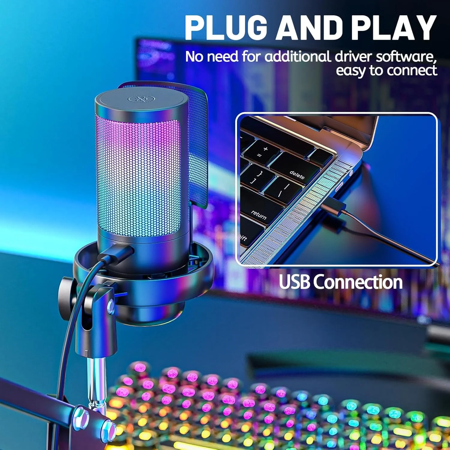 میکروفون گیمینگ USB، میکروفون کاندنسر Plug&Play برای استریم بازی، پادکست، کنفرانس ویدیویی با آداپتور USB-C و کابل داده 1.5 متری برای PC/لپ تاپ، PS4/PS5، IOS/ویندوز/اندروید