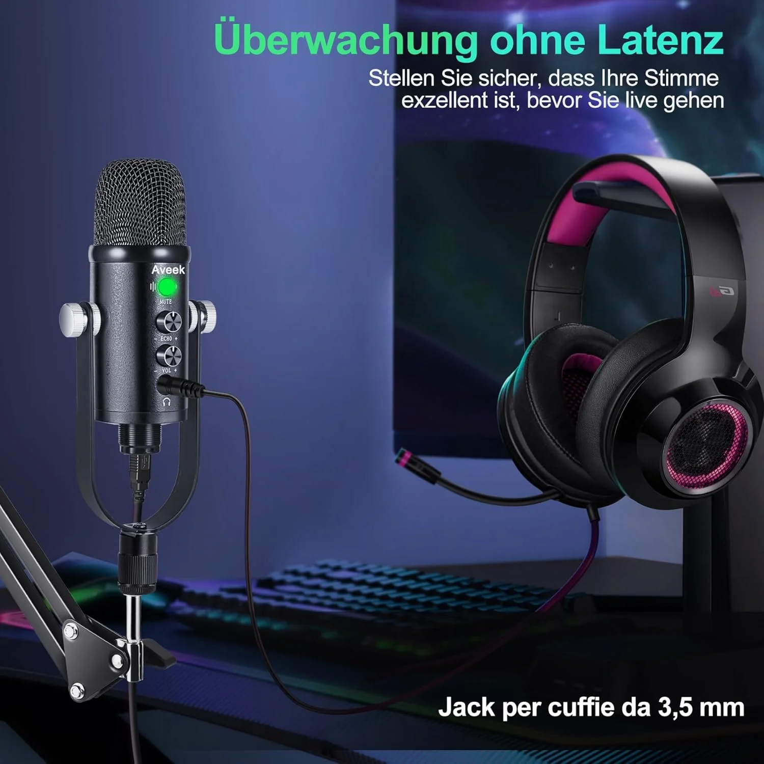 میکروفون کاندنسر USB Aveek با بازویی، میکروفون استریمینگ با پاپ فیلتر، میکروفون گیمینگ با مانیتورینگ هدفون برای پادکست، ضبط، استودیو، یوتیوب میکروفون کاندنسر USB Aveek با بازویی، میکروفون استریمینگ با پاپ فیلتر، میکروفون گیمینگ با مانیتورینگ هدفون برای پادکست، ضبط، استودیو، یوتیوب