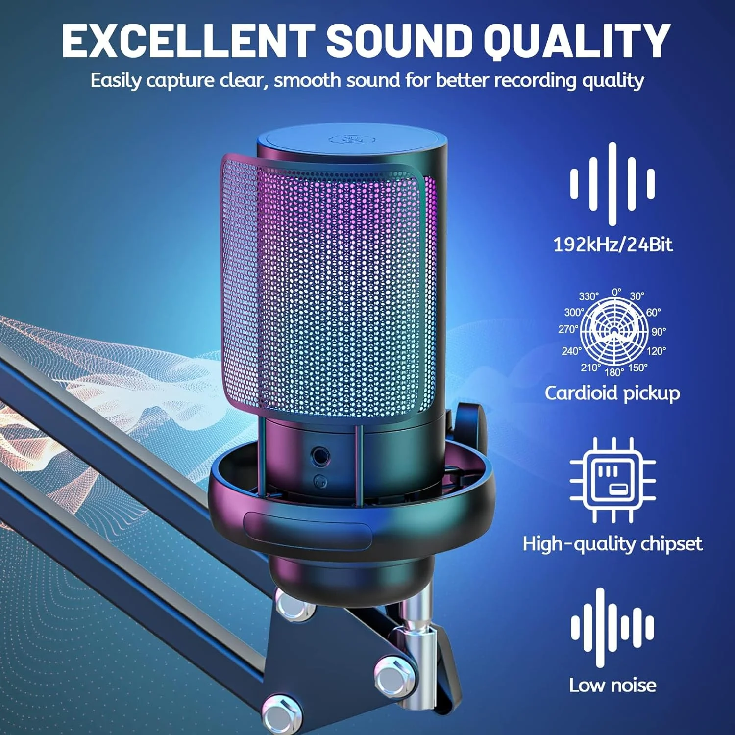 میکروفون گیمینگ USB، میکروفون کاندنسر Plug&Play برای استریم بازی، پادکست، کنفرانس ویدیویی با آداپتور USB-C و کابل داده 1.5 متری برای PC/لپ تاپ، PS4/PS5، IOS/ویندوز/اندروید