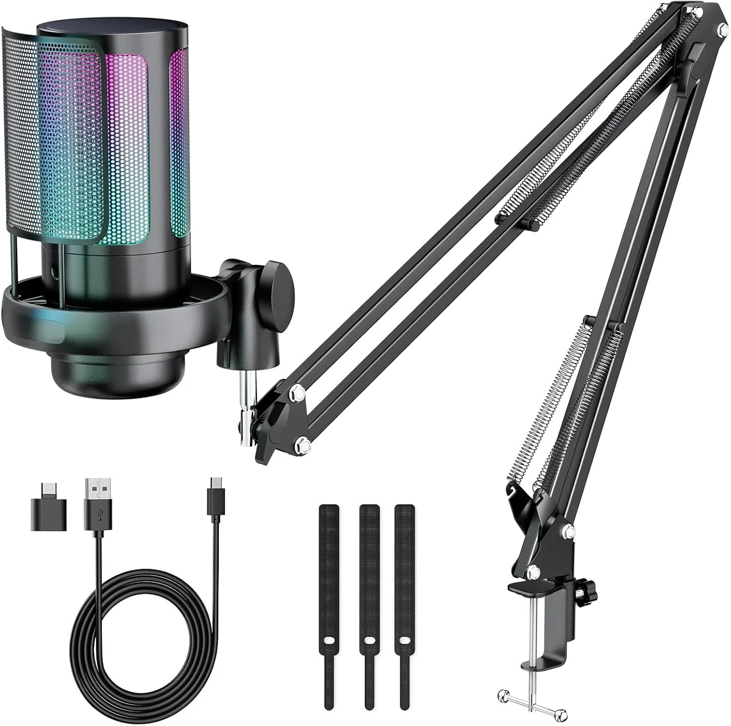 میکروفون گیمینگ کامپیوتر با بازو، میکروفون USB با قابلیت اتصال و پخش، میکروفون خازنی با نورپردازی RGB LED و قطع صدا برای استریم، پادکست، یوتیوب، کار در منزل، جلسه، شامل 3 بست کمربندی و آداپتور USB-C