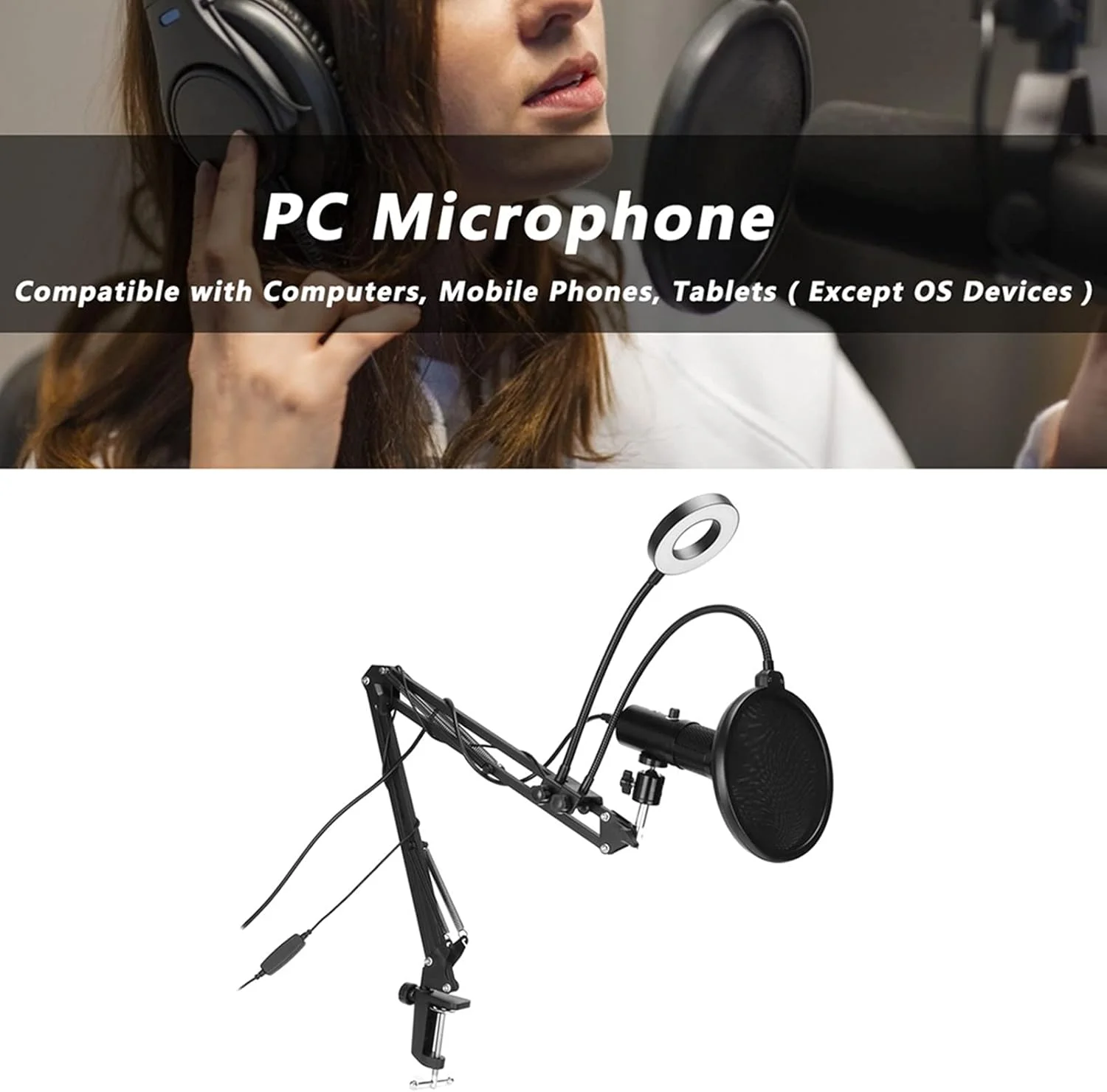 مجموعه میکروفون USB، کیت میکروفون کاندنسر PC پادکست با الگوی قطبی کاردیوئید، نور RGB با قطع صدای تک دکمه، با بازوی بوم، پایه ضد لرزش، فیلتر پاپ، برای ضبط پخش زنده (مشکی)