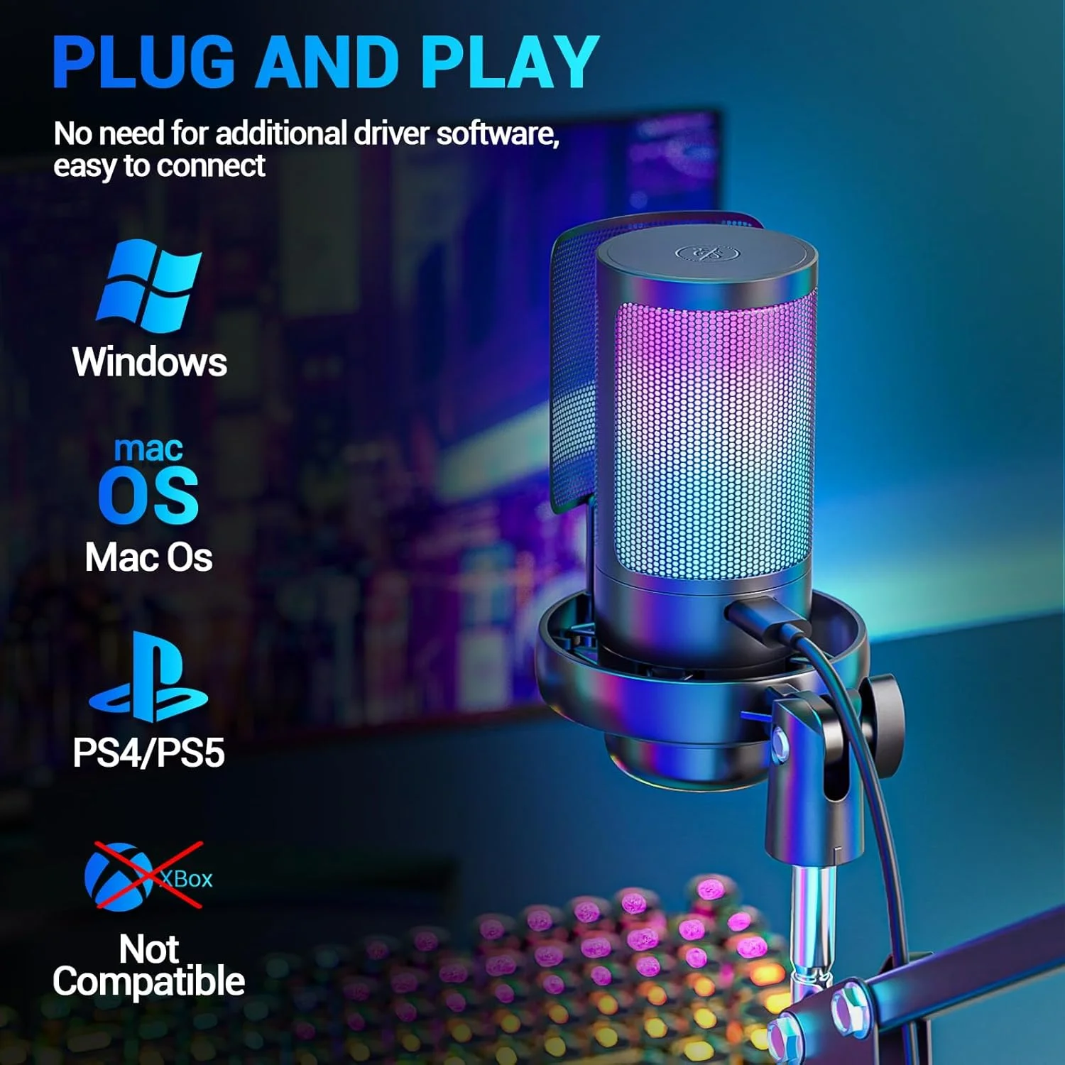 میکروفون گیمینگ کامپیوتر با بازو، میکروفون USB با قابلیت اتصال و پخش، میکروفون خازنی با نورپردازی RGB LED و قطع صدا برای استریم، پادکست، یوتیوب، کار در منزل، جلسه، شامل 3 بست کمربندی و آداپتور USB-C
