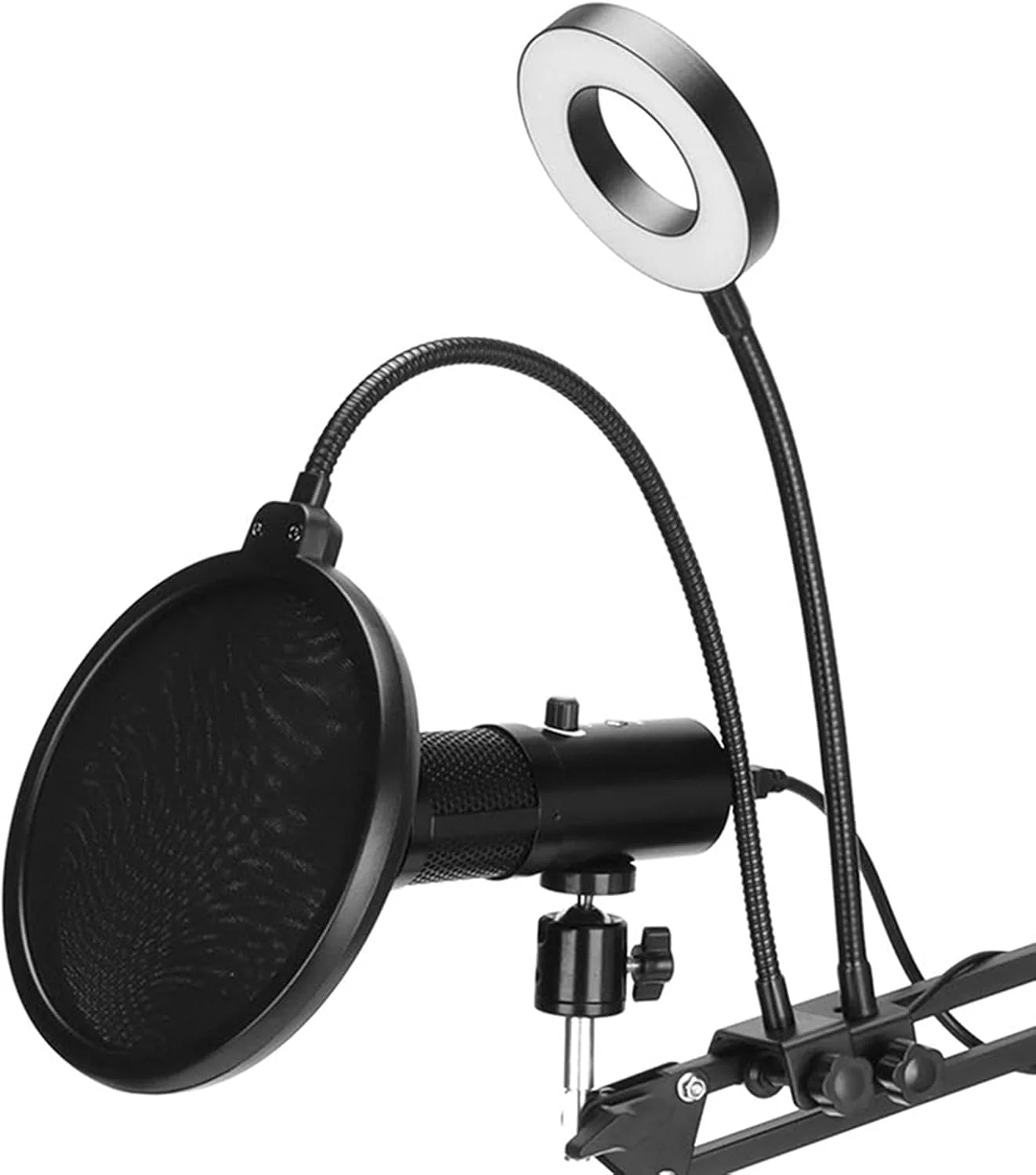 مجموعه میکروفون USB، کیت میکروفون کاندنسر PC پادکست با الگوی قطبی کاردیوئید، نور RGB با قطع صدای تک دکمه، با بازوی بوم، پایه ضد لرزش، فیلتر پاپ، برای ضبط پخش زنده (مشکی)