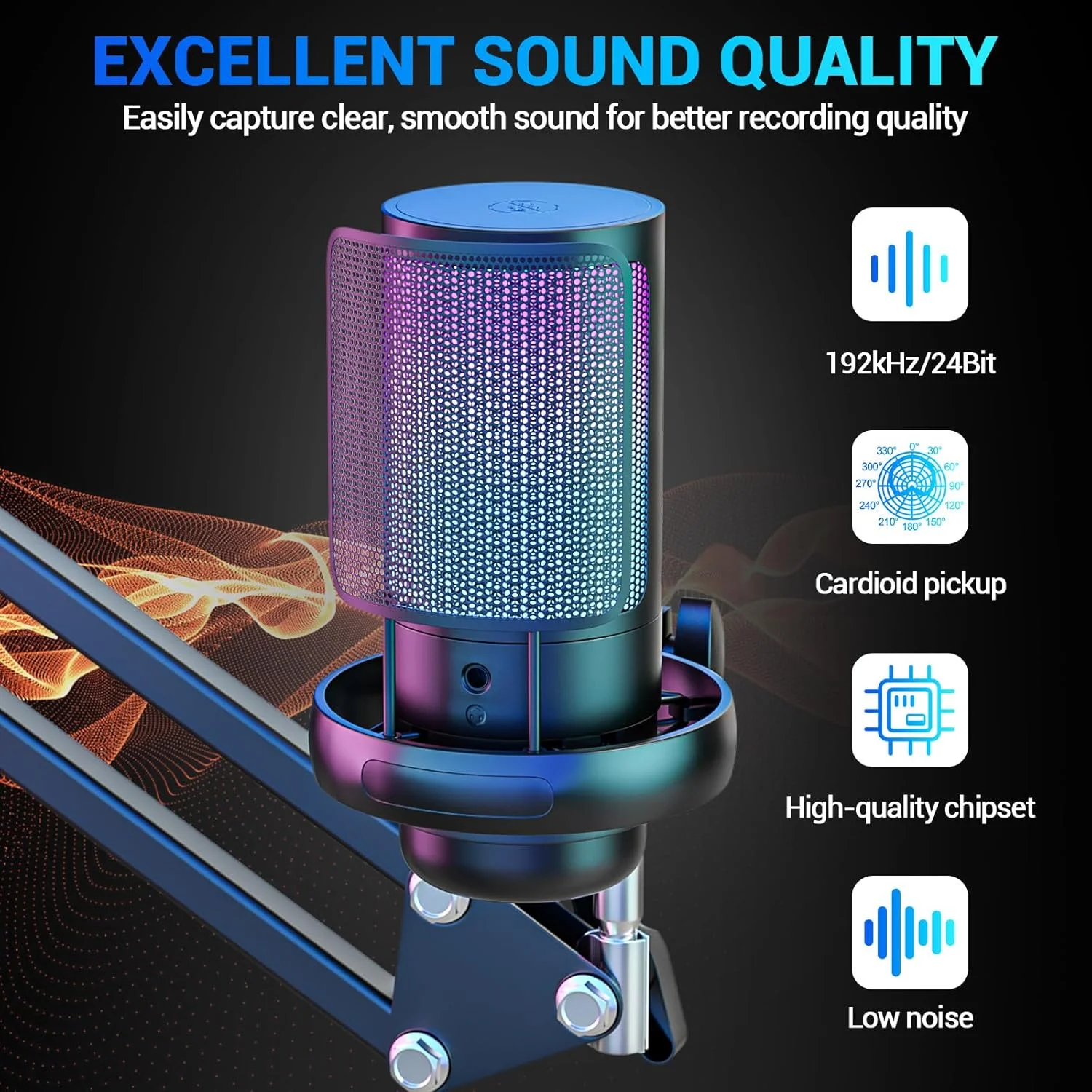 میکروفون گیمینگ کامپیوتر با بازو، میکروفون USB با قابلیت اتصال و پخش، میکروفون خازنی با نورپردازی RGB LED و قطع صدا برای استریم، پادکست، یوتیوب، کار در منزل، جلسه، شامل 3 بست کمربندی و آداپتور USB-C