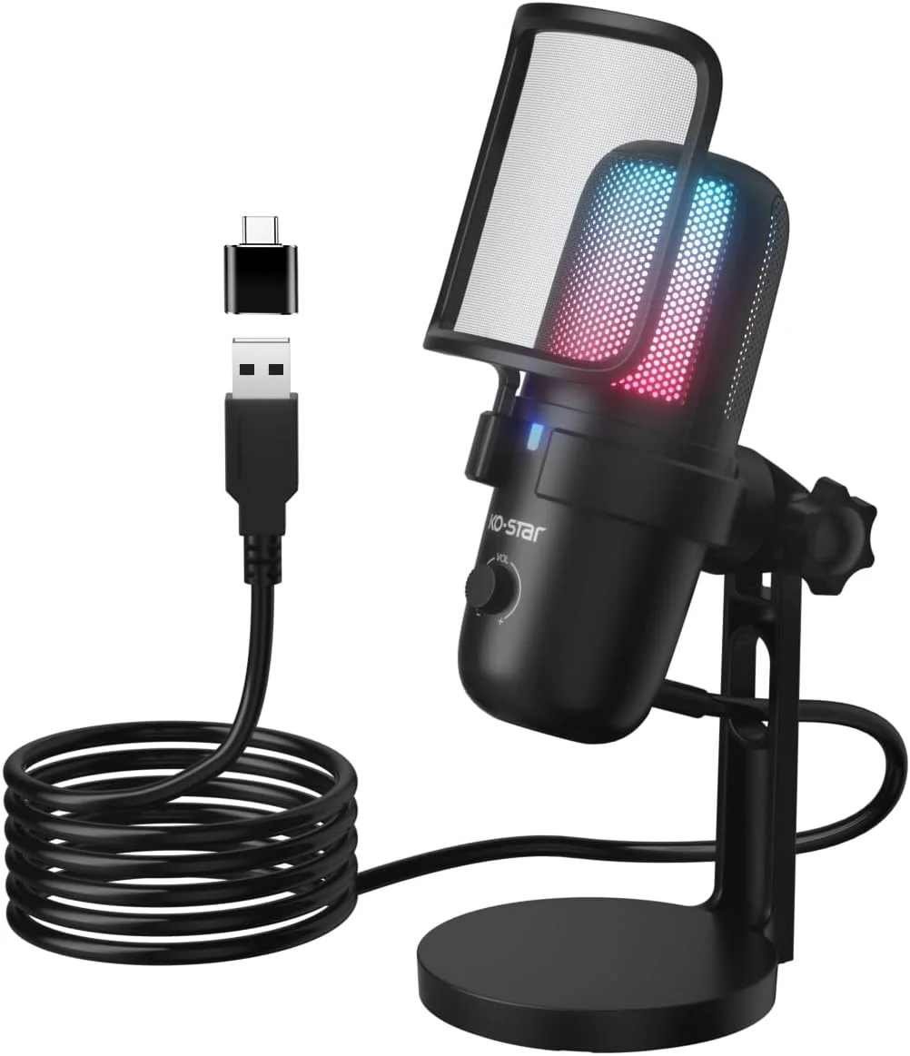 میکروفون گیمینگ USB برای کامپیوتر، میکروفون کاندنسر RGB با آداپتور برای موبایل، ضد نویز، لرزشگیر، برای استریم، پادکست، ضبط، بازی، استودیو، یوتیوب، کنفرانس، M-640S