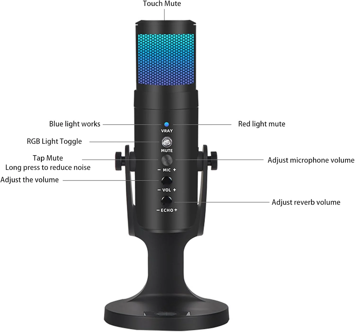 میکروفون USB اریس، میکروفون کاندنسر کامپیوتر برای PC/لپ تاپ/تلفن، میکروفون گیمینگ، خروجی هدفون، کنترل صدا، USB Plug-and-Play، دکمه بی صدا LED، برای استریمینگ، پادکست