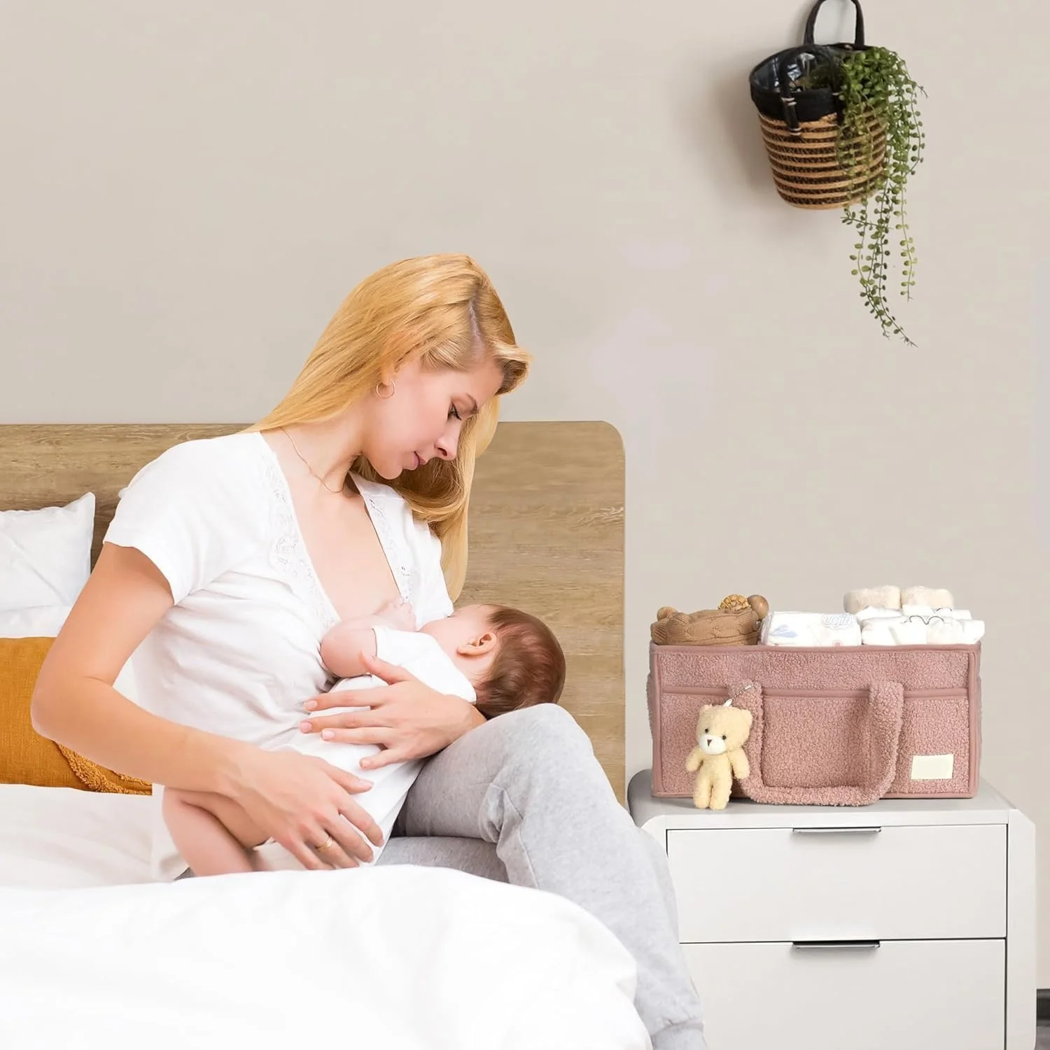 سبد نظم دهنده لوازم کودک برای میز تعویض، سبد ذخیره سازی کودک برای پوشک و دستمال مرطوب، هدیه برای جشن نوزادی، ذخیره سازی قابل حمل پوشک، ملزومات نوزاد (صورتی)