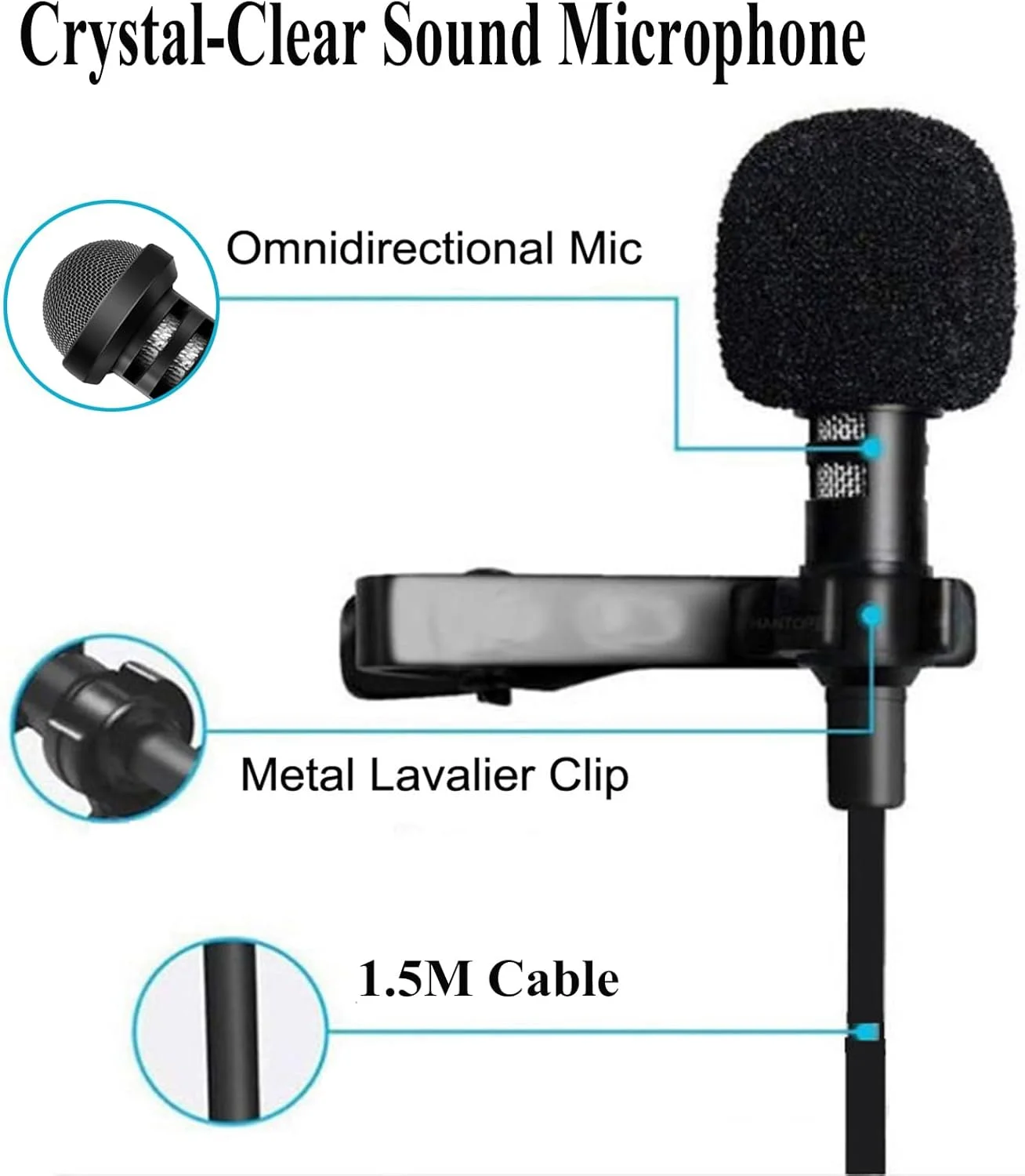 میکروفون یقه‌ای Lavalier سازگار با فرستنده‌های بی‌سیم Sennheiser EW100 EW300 EW500 SK100، میکروفون کاندنسر اومنی‌دایرکشنال TRS 3.5 میلی‌متری برای استریمینگ و ولاگ 1.5 متری