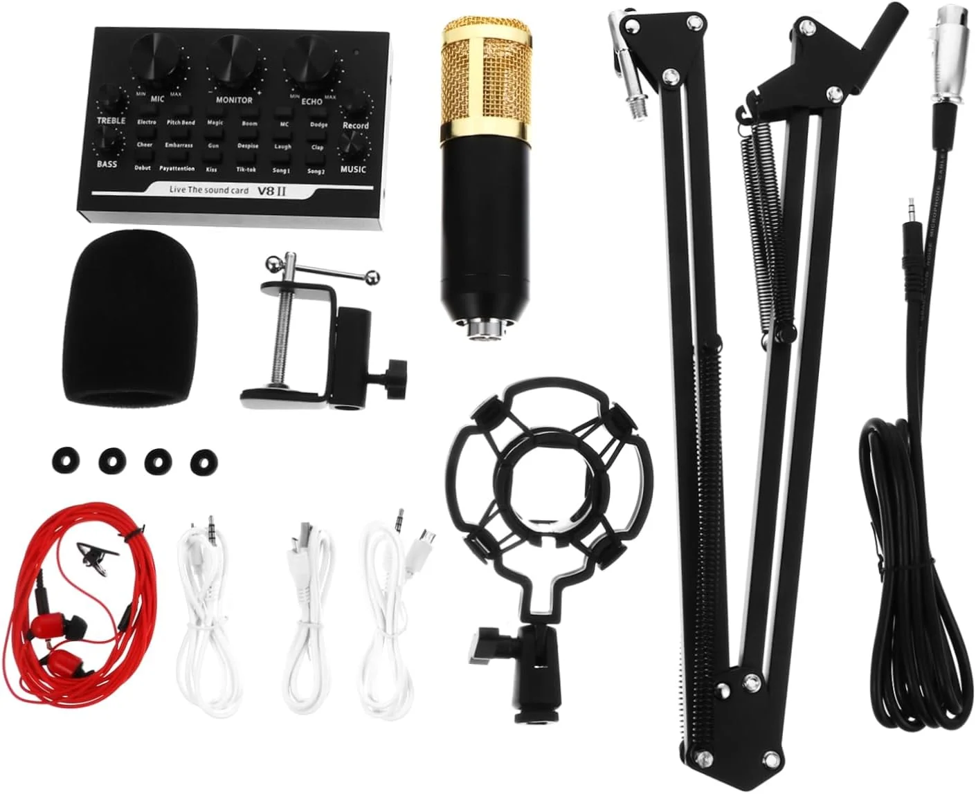 ست 11 تکه میکروفون کاندنسر با کارت صدا برای کارائوکه و پخش زنده سازگار با تلفن هوشمند و کامپیوتر برای آواز و ضبط