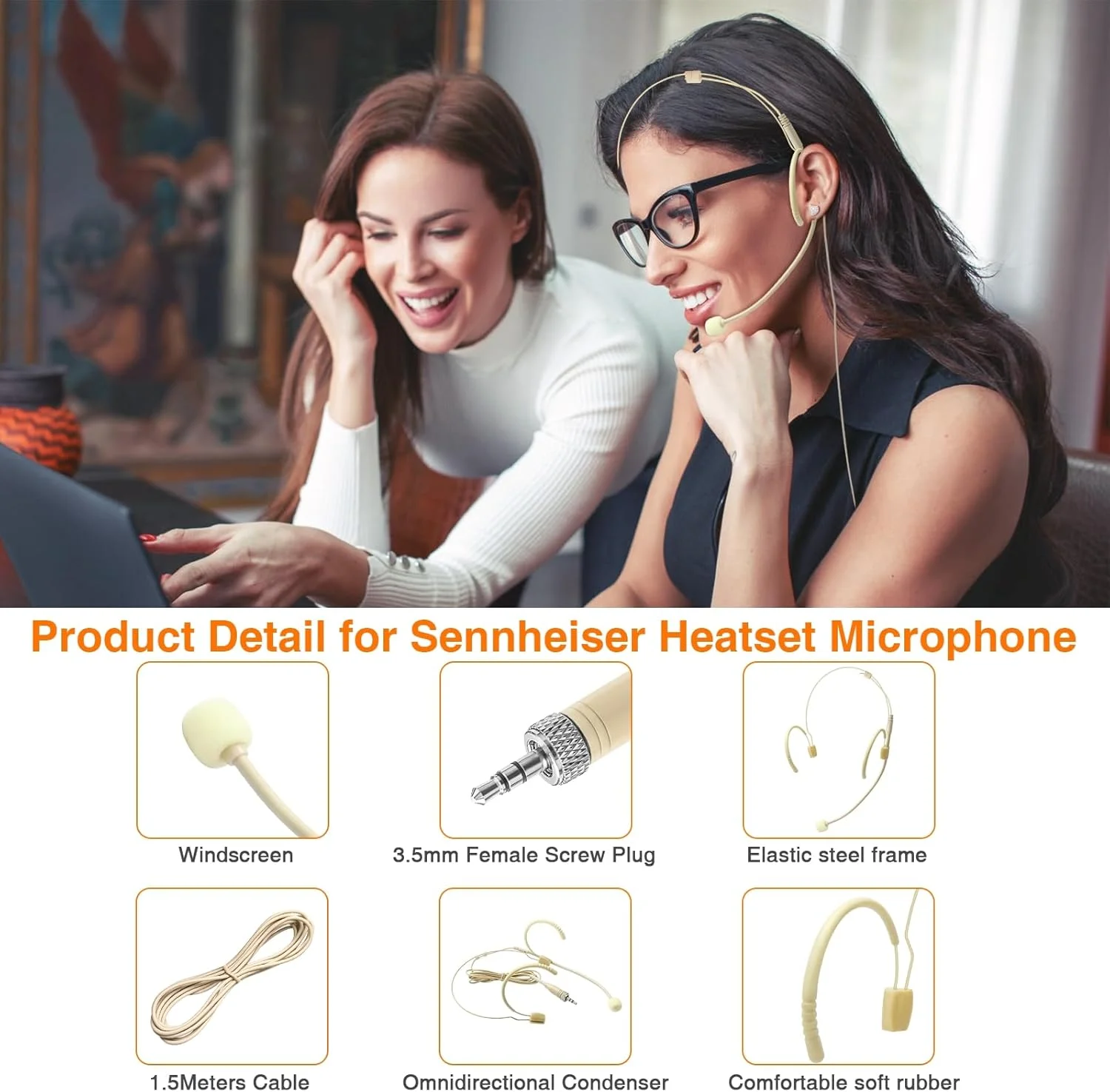 هدست میکروفون، سربند، هدفون دو گوشی، کندانسور، میکروفون همه جهته برای سنهایزر، جک 3.5 میلی متری، کانکتور پیچی، میکروفون، مناسب برای سخنرانی ها، تئاتر، اجراها