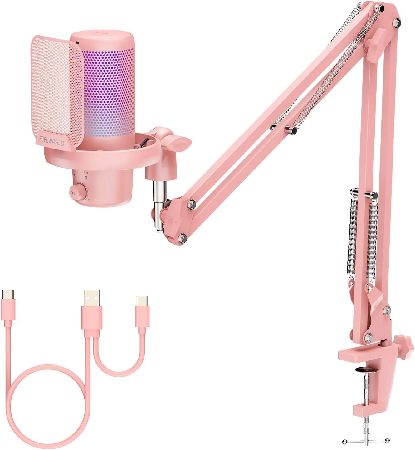 میکروفون گیمینگ USB FEELWORLD VM1 با پایه بازویی برای ضبط پادکست، بازی های ویدیویی، میکروفون استودیویی PC، صورتی با الگوی قطبی کاردیوئید، نورپردازی RGB، توری ضد اسپری