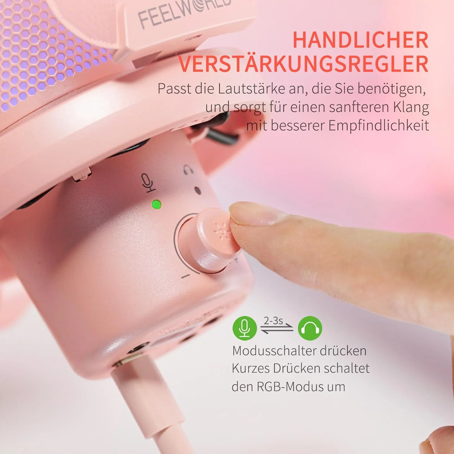 میکروفون گیمینگ USB FEELWORLD VM1 با پایه بازویی برای ضبط پادکست، بازی های ویدیویی، میکروفون استودیویی PC، صورتی با الگوی قطبی کاردیوئید، نورپردازی RGB، توری ضد اسپری