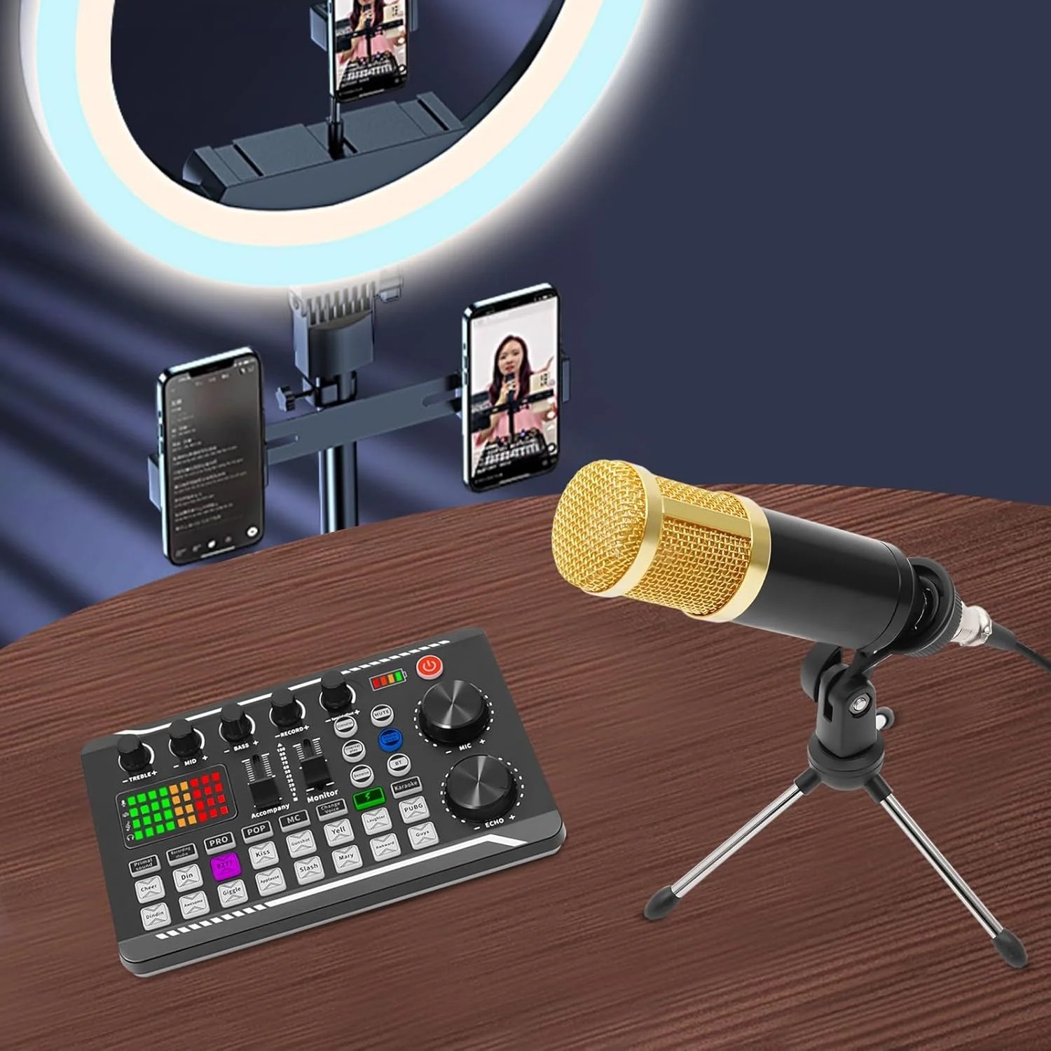 ست میکروفون پادکست، تجهیزات پادکستینگ با میکروفون خازنی و کارت صدا، میکسر صوتی برای ضبط و پخش زنده