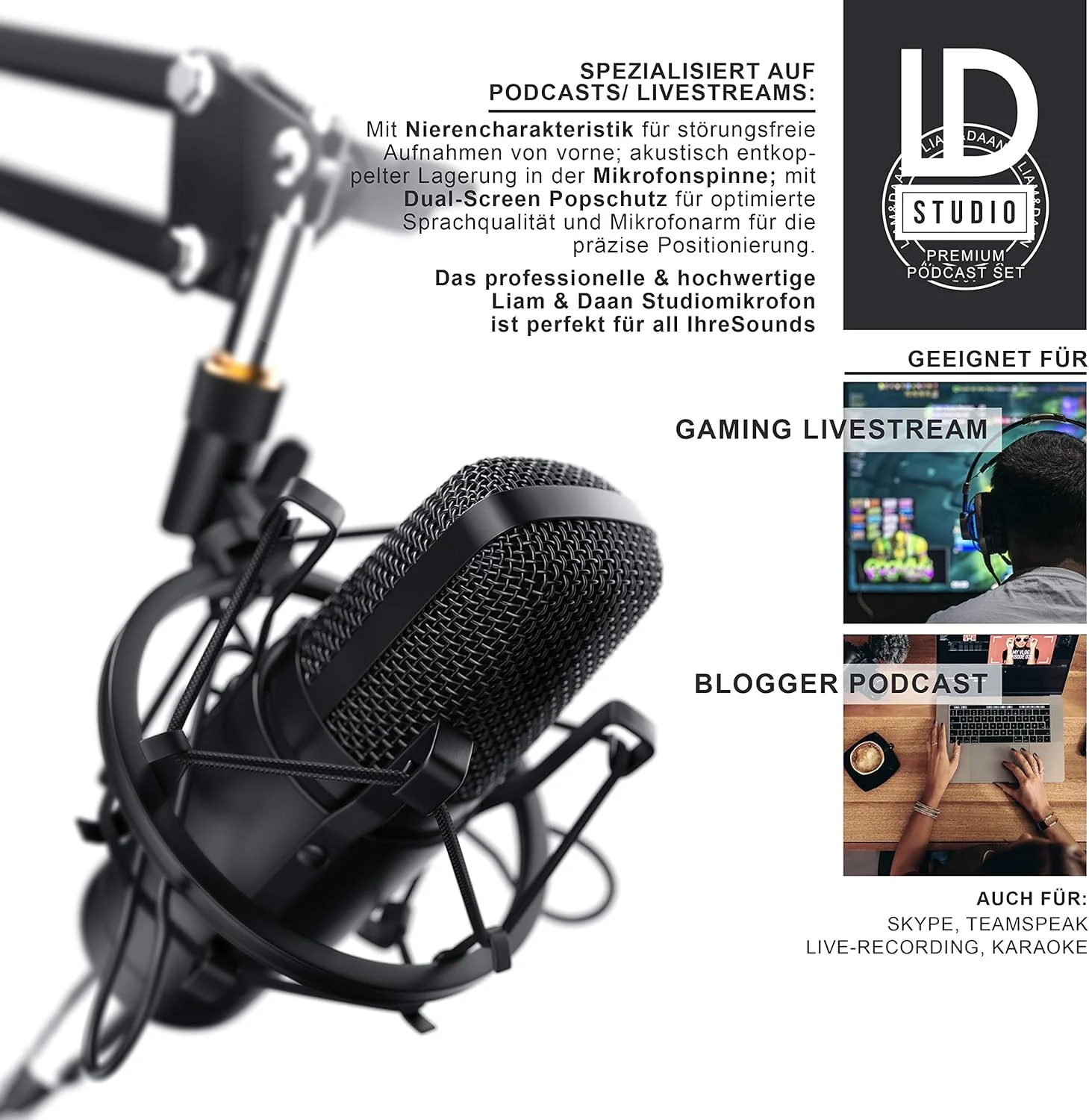 CSL - میکروفون کاندنسر XLR با بازوی میکروفون - ست میکروفون PC میکروفون استودیویی - میکروفون استودیویی کاندنسر دیافراگم بزرگ - جک 3.5 میلی متری - کابل XLR - ضبط پادکست آواز استریمینگ گیمینگ