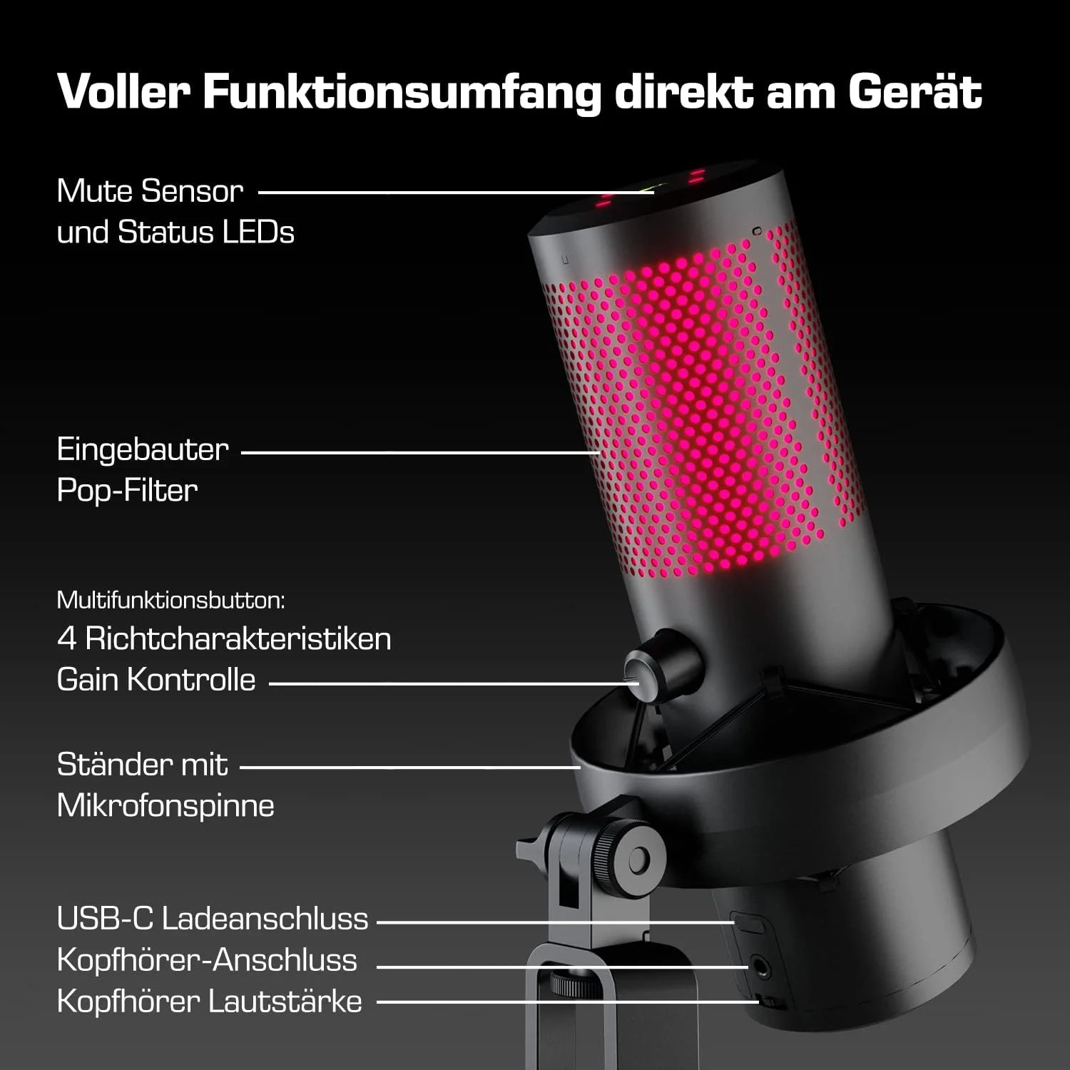 میکروفون خازنی DOCKIN® MP3000 برای کامپیوتر، بازی، پادکست و استریم - میکروفون USB با پایه سنگین برای ضبط - میکروفون کامپیوتر [تجهیزات کامل و بهترین کیفیت صدا]