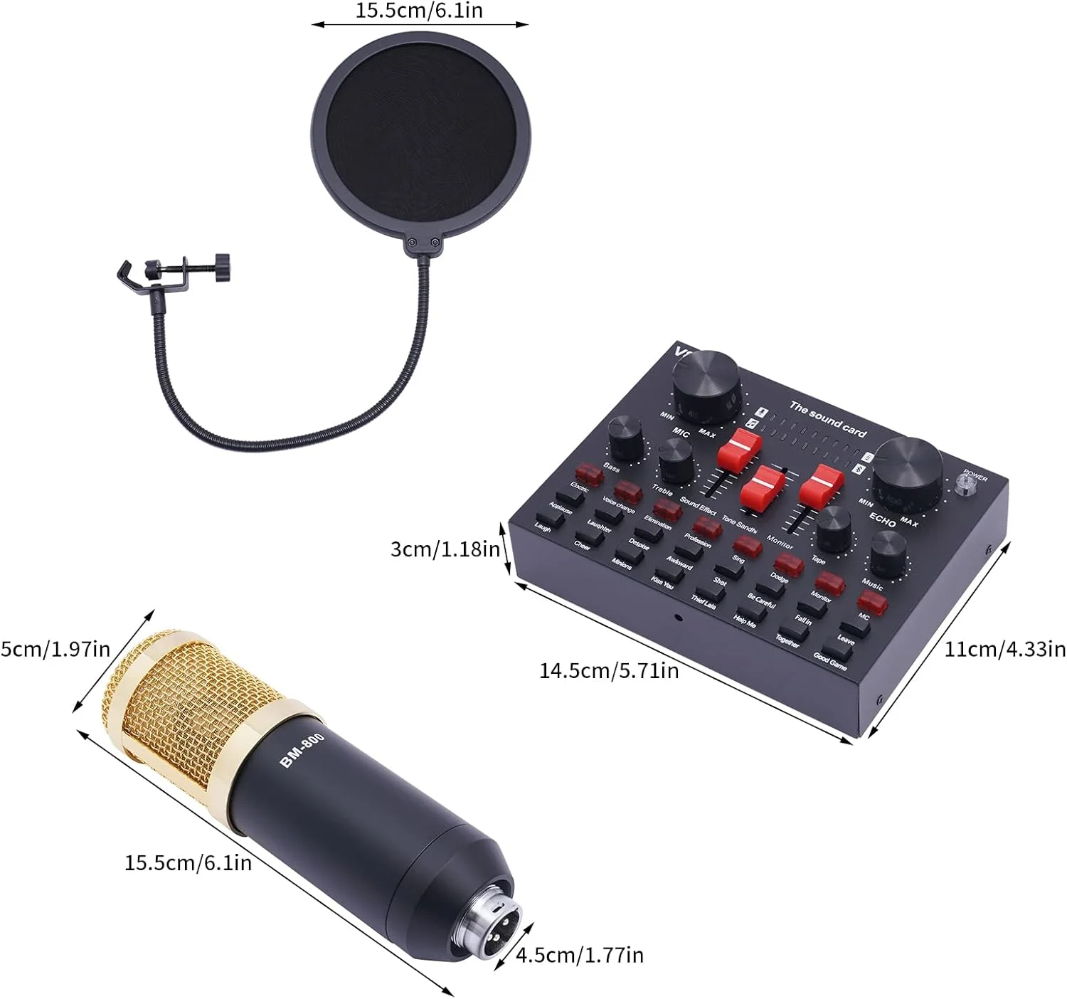 میکروفون کاندنسر USB همراه با کارت صدای VBS، به همراه پایه ضد لرزش، بازوی میکروفون و پاپ فیلتر برای استریم زنده، یوتیوب و گیمینگ، 14.5 * 11 * 3 سانتی متر