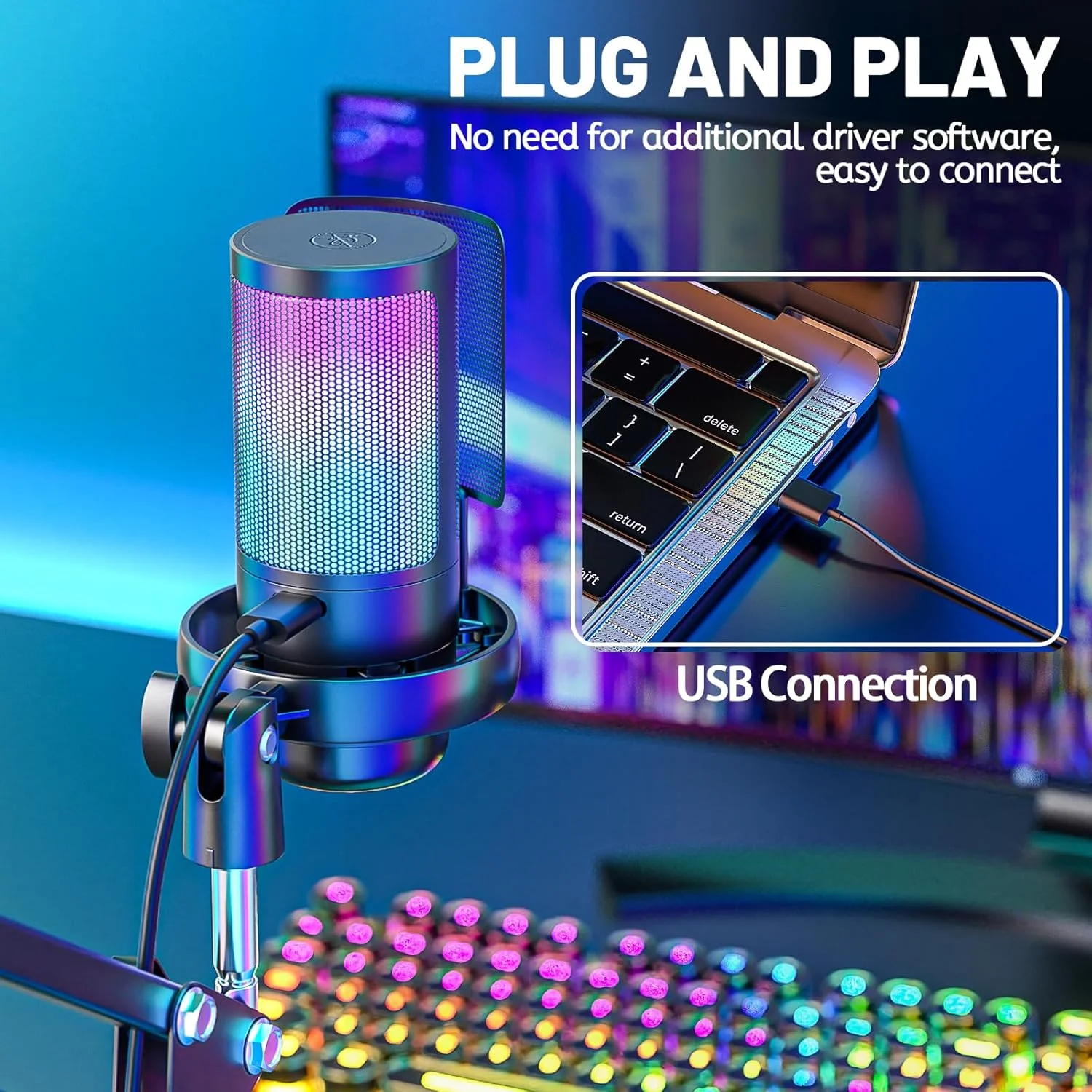 کیت میکروفون کندانسور حرفه ای، میکروفون USB گیمینگ 192 کیلوهرتز/24 بیتی برای استریم پادکست، میکروفون USB پاپ شیلد، برای گیمینگ/استودیو/یوتیوبر کارائوکه/پادکست
