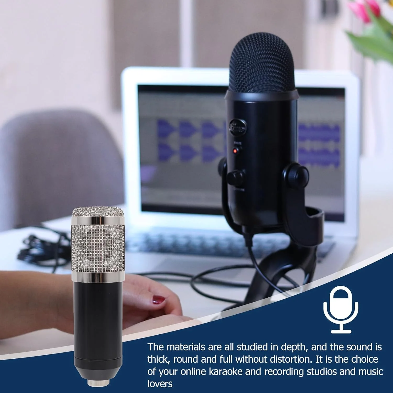 میکروفون خازنی Milisten با کابل و ولتاژ فانتوم، میکروفون بادوام و چند منظوره برای بازی، آواز، ضبط کنفرانس، مشکی نقره ای، قابل حمل