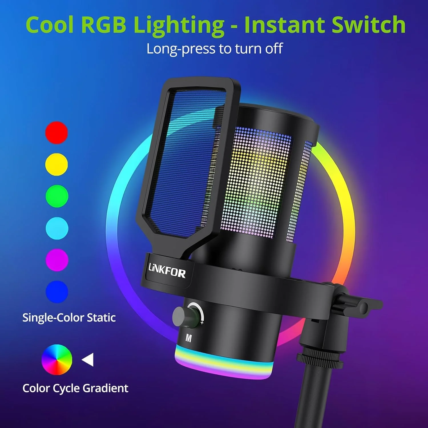 میکروفون کاندنسر USB گیمینگ LiNKFOR با نورپردازی RGB، میکروفون با قابلیت قطع صدا و حذف نویز، کنترلر صدا، میکروفون استریمینگ برای PC PS4 PS5 Mac ضبط استودیویی پادکست