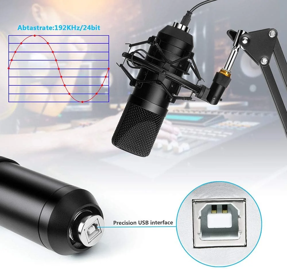 میکروفون خازنی Diealles Shine، میکروفون کامپیوتر با بازو، ست میکروفون پادکست 192 کیلوهرتز/24 بیت با پایه رومیزی و محافظ پاپ، فیلتر پاپ برای ضبط، پادکست، صداگذاری، استریم، یوتیوب