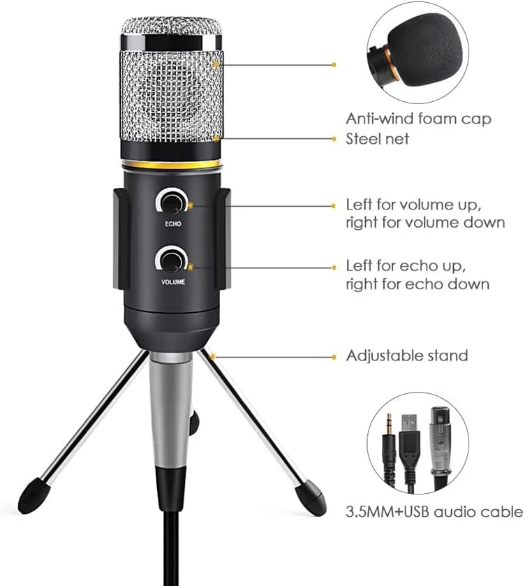 ست میکروفون کاندنسر، میکروفون USB با پایه میکروفون برای کامپیوتر، پادکست، استریمینگ، گیمینگ (آبی)
